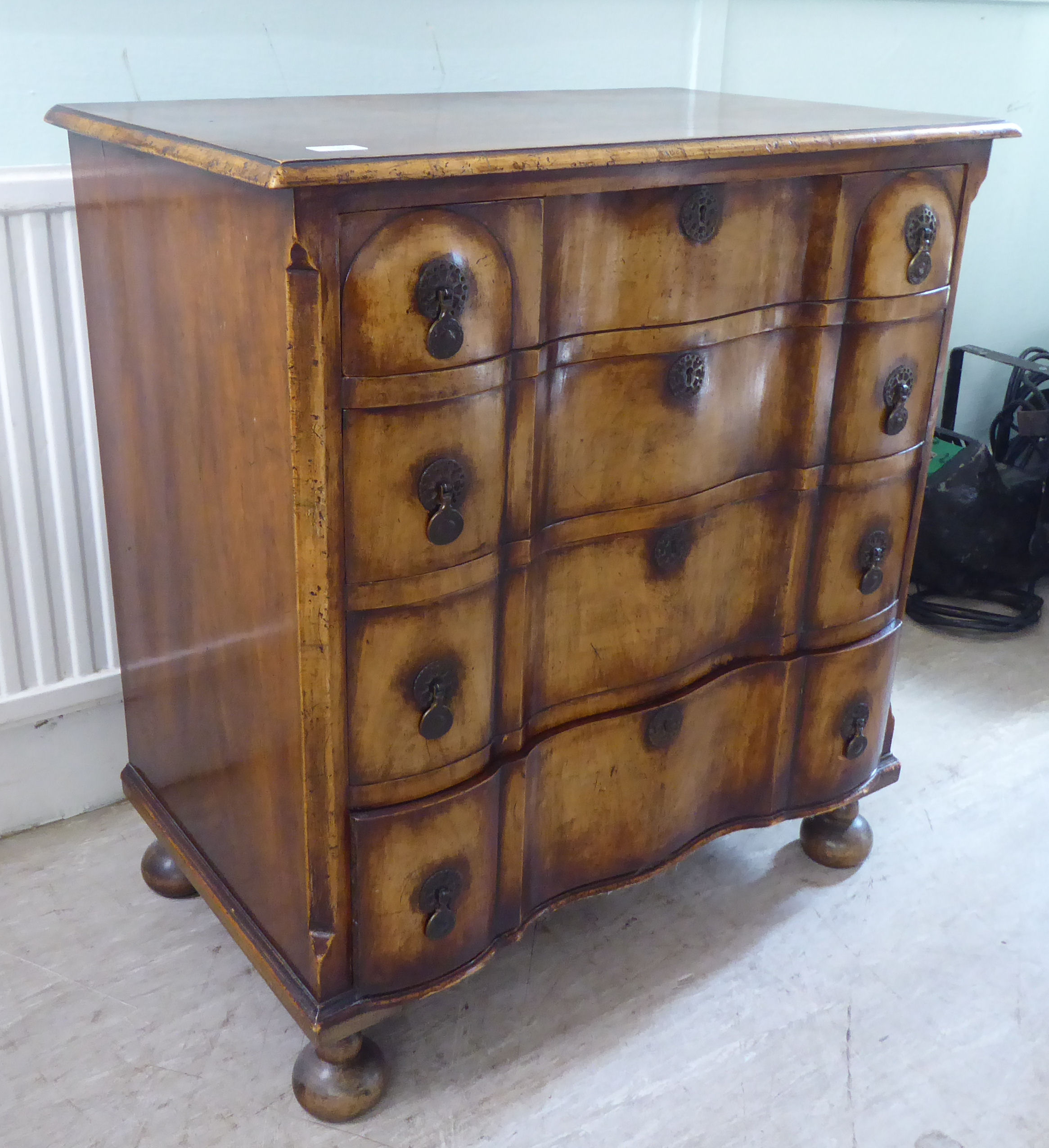 An early 20thC Continental walnut moulded block front chest, comprising four graduated long - Image 2 of 5