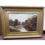 Clifford Roberts - a riverscape with grazing sheep in a woodland setting  oil on canvas  bears a