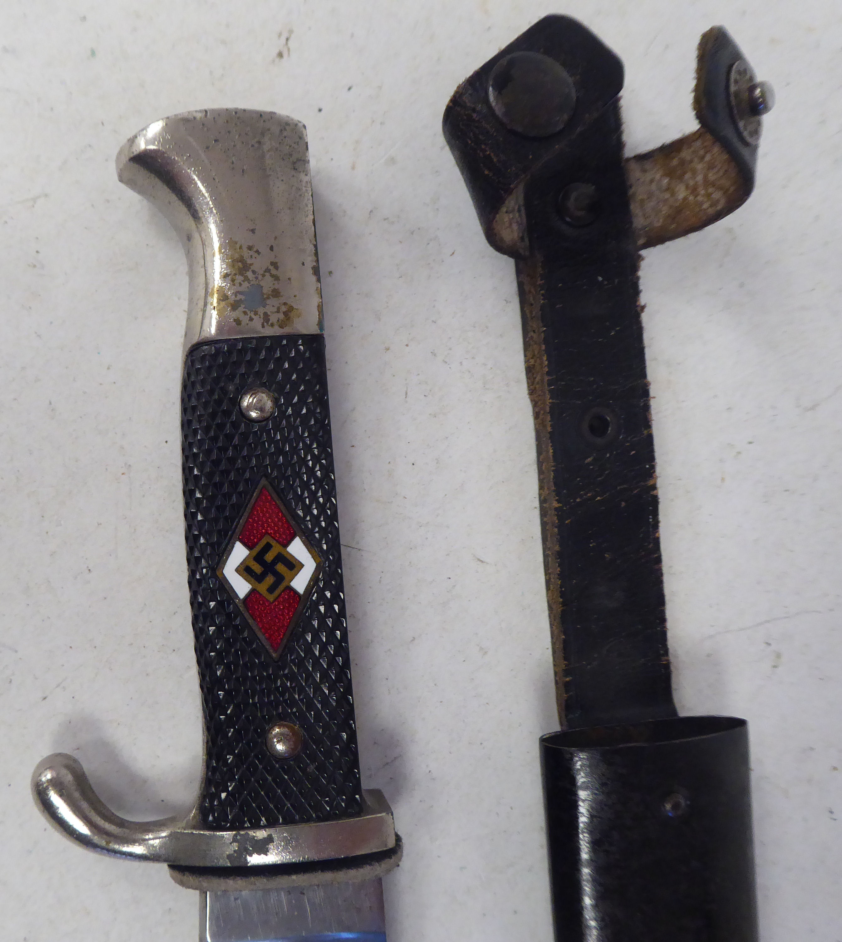 A German Third Reich era Hitler Youth knife with a rivetted two-part handgrip and emblem, the - Image 2 of 4