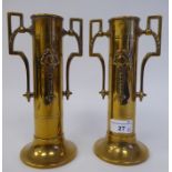 A pair of early 20thC Art Nouveau, Jugendstil style, brass cylindrical, twin handled spill vases