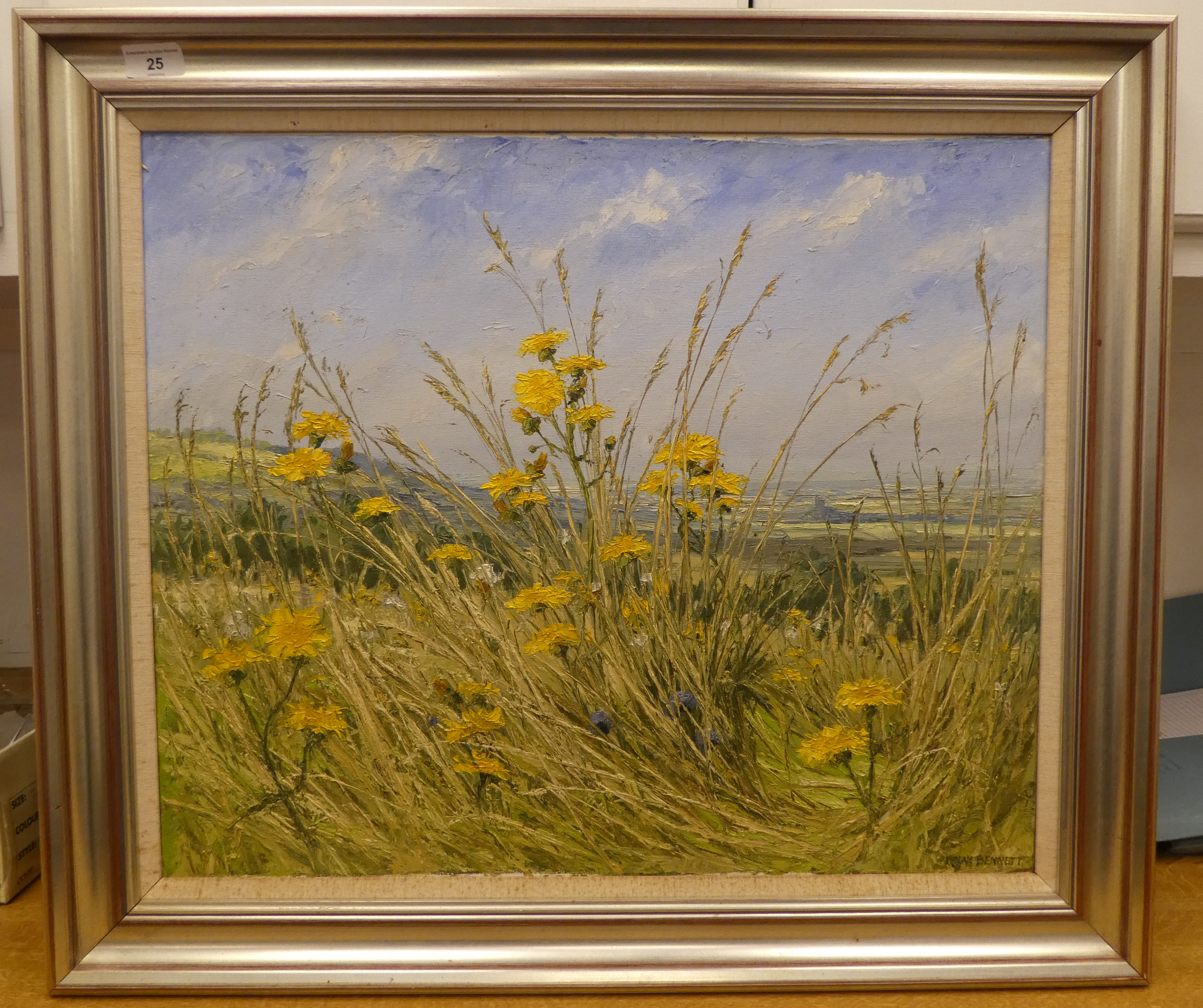 Brian Bennett - a springtime view over The Chilterns escarpment with colourful wild flowers  oil