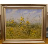 Brian Bennett - a springtime view over The Chilterns escarpment with colourful wild flowers  oil