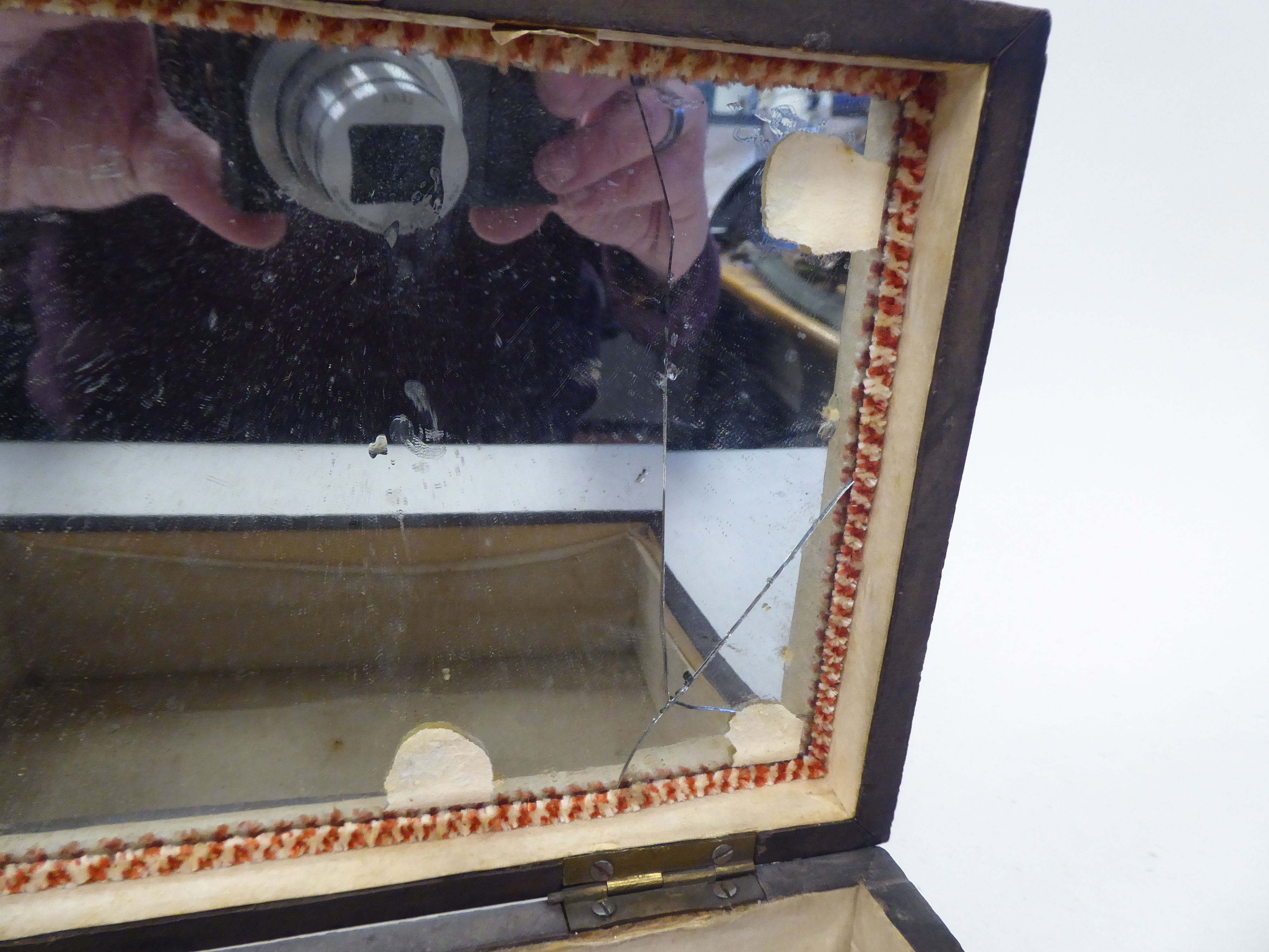 A mid 19thC casket, decorated in a variety of veneers with rivetted, angled metal reinforcement, - Image 2 of 4