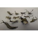 Eleven white metal miniature models of small reptiles and insects: to include beetles and bugs