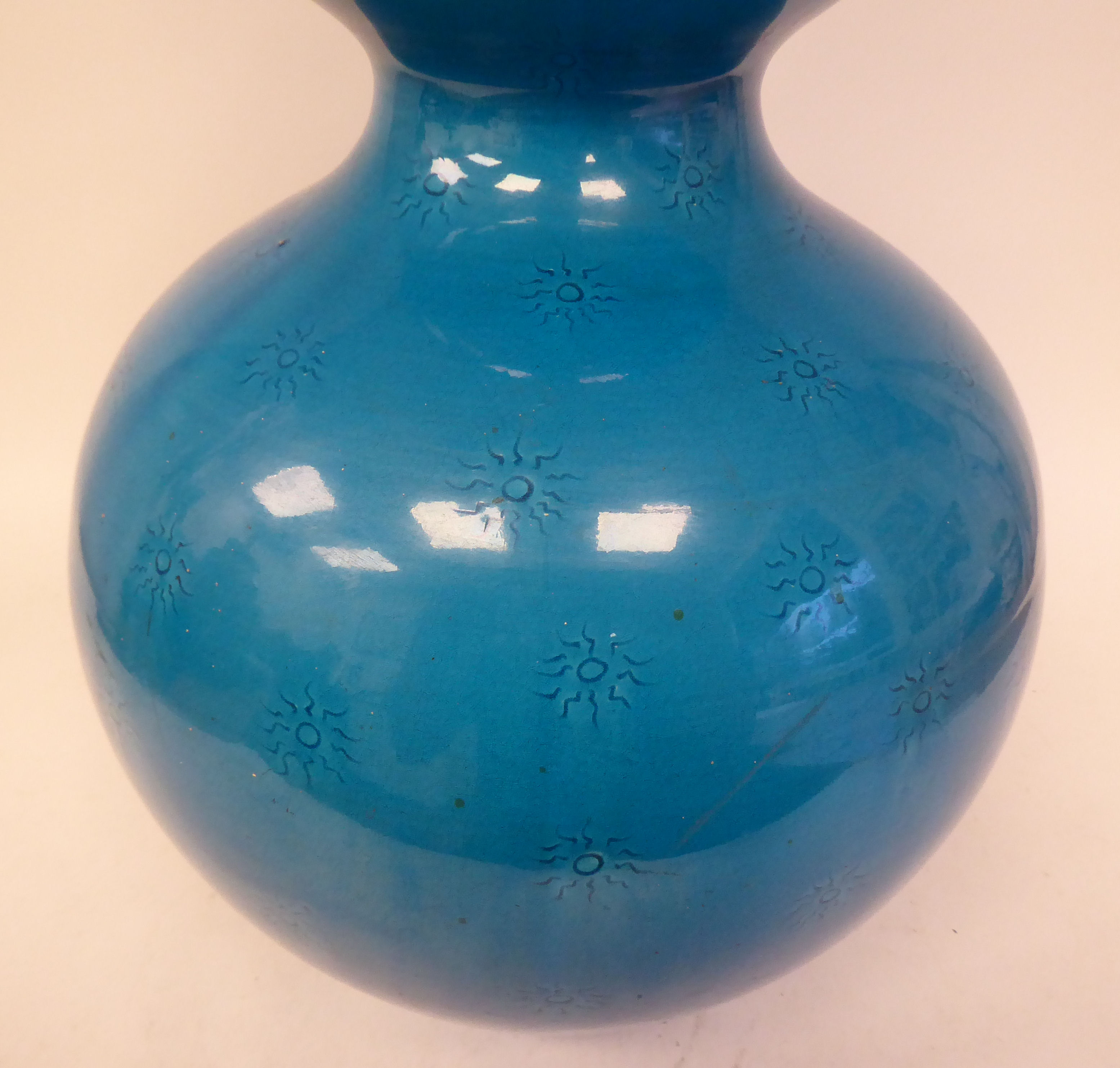 A Burmantofts Faience art pottery, turquoise glazed, double gourd shape table lamp, decorated with - Image 3 of 4