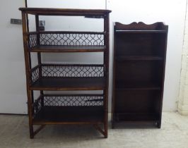 A bentwood and bamboo effect, three tier openfront bookcase  42"h  27"w; and another 1930s oak
