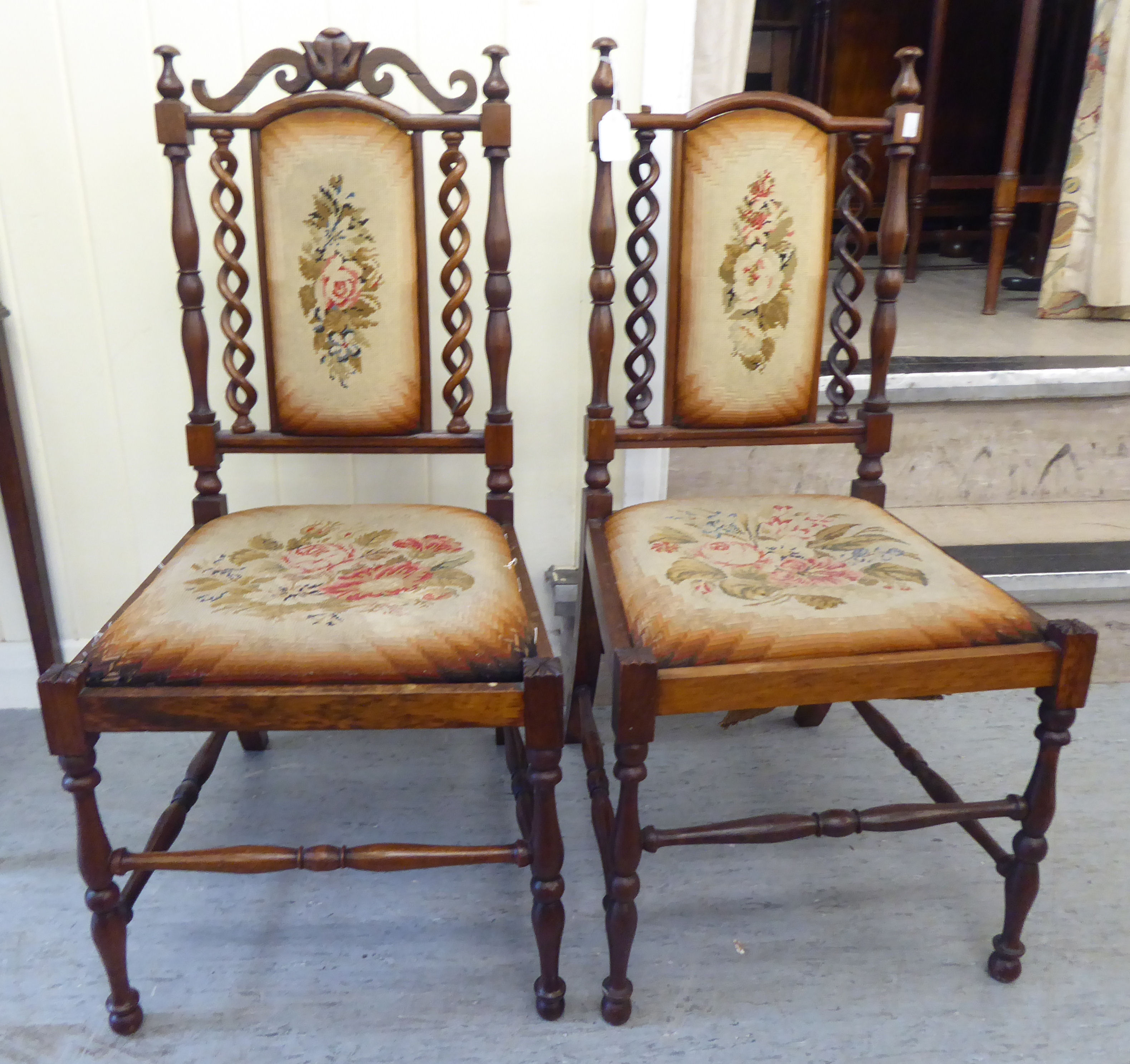 A pair of 19thC rosewood framed drawing room chairs of diminutive proportions, each with an
