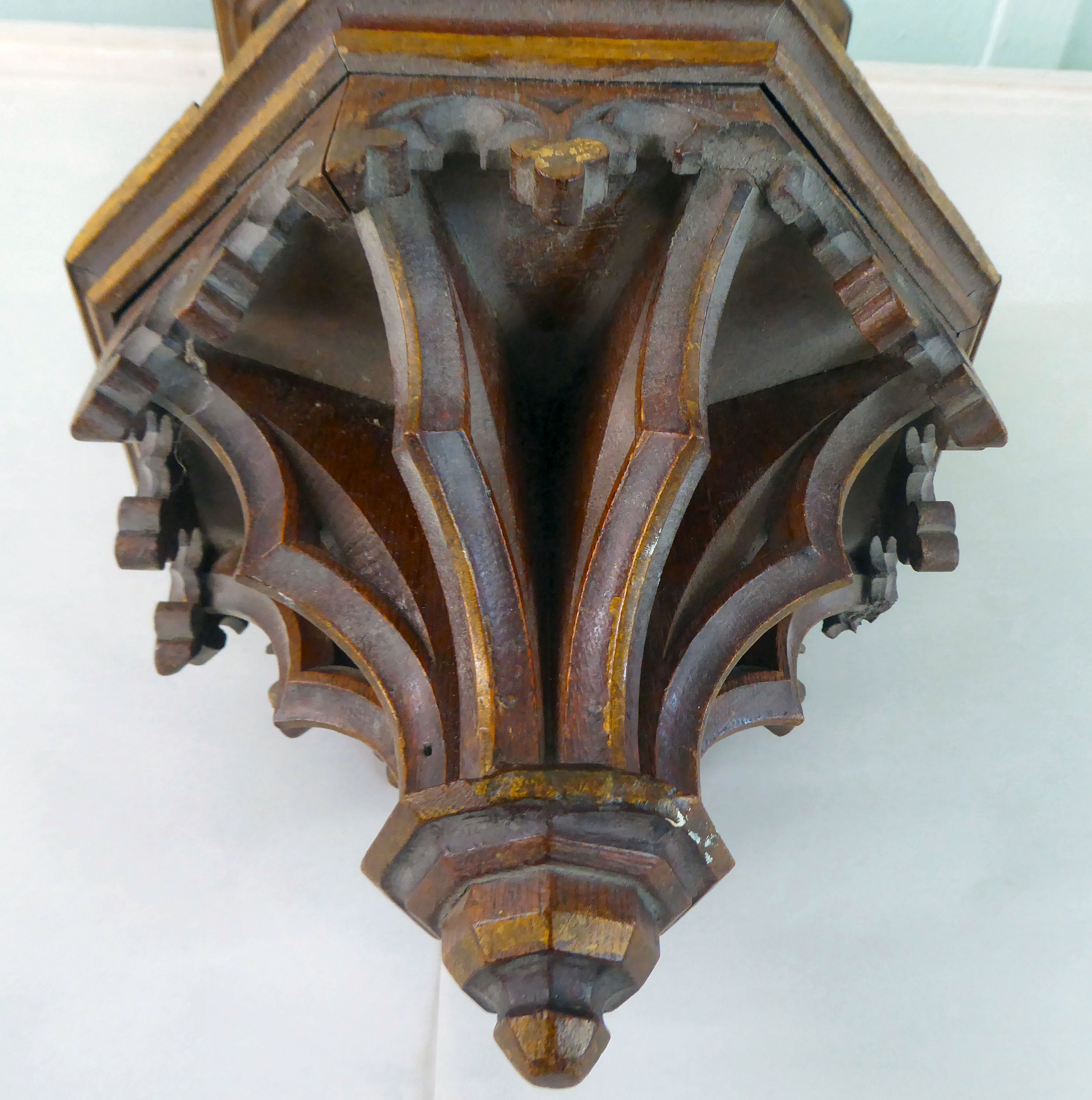 A late 19thC Gothic pulpit design, oak wall bracket with a drop finial  14"h - Image 3 of 4