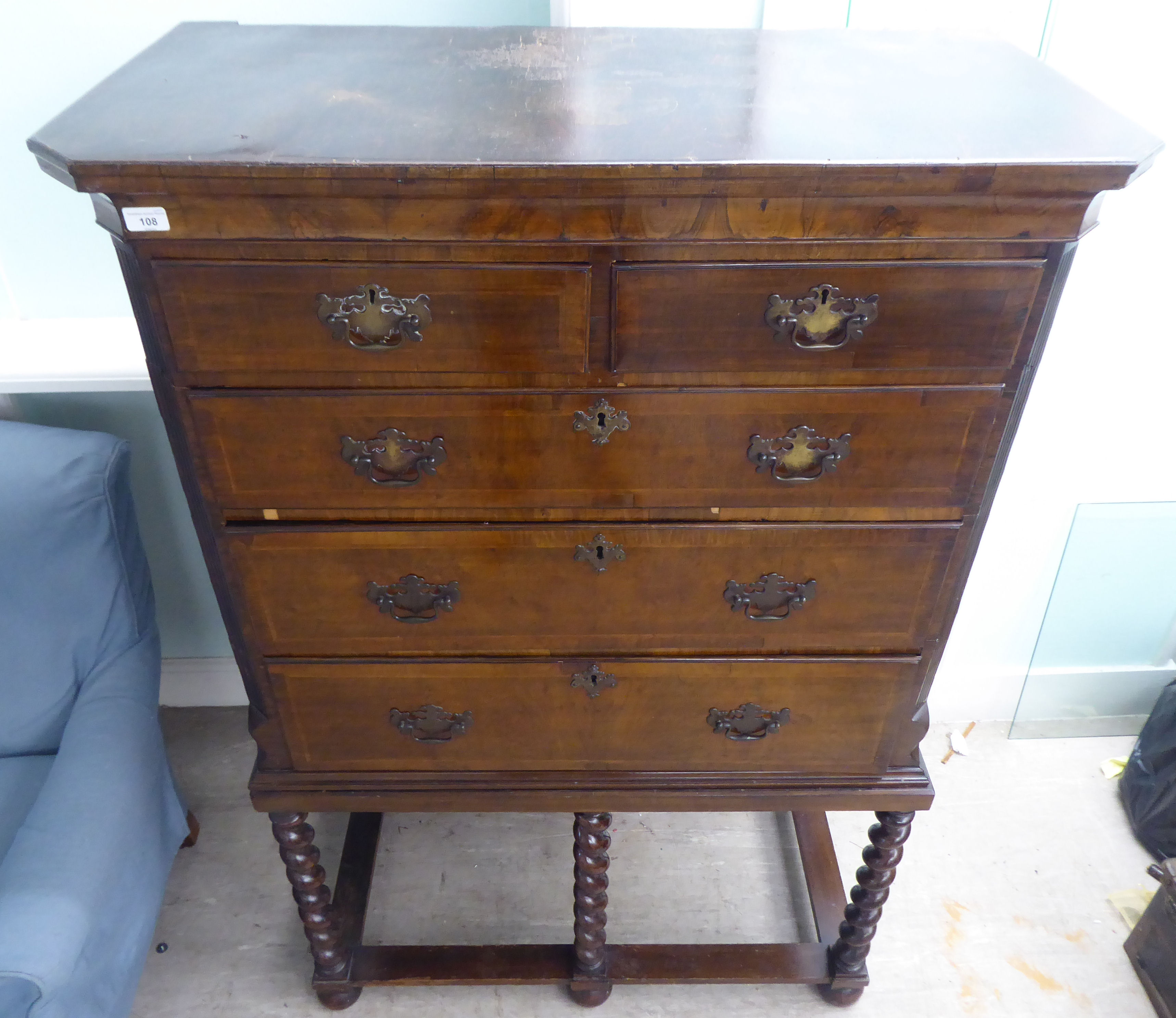 A 19thC and later mahogany chest on stand, comprising two short/three long drawers, between canted - Image 2 of 6