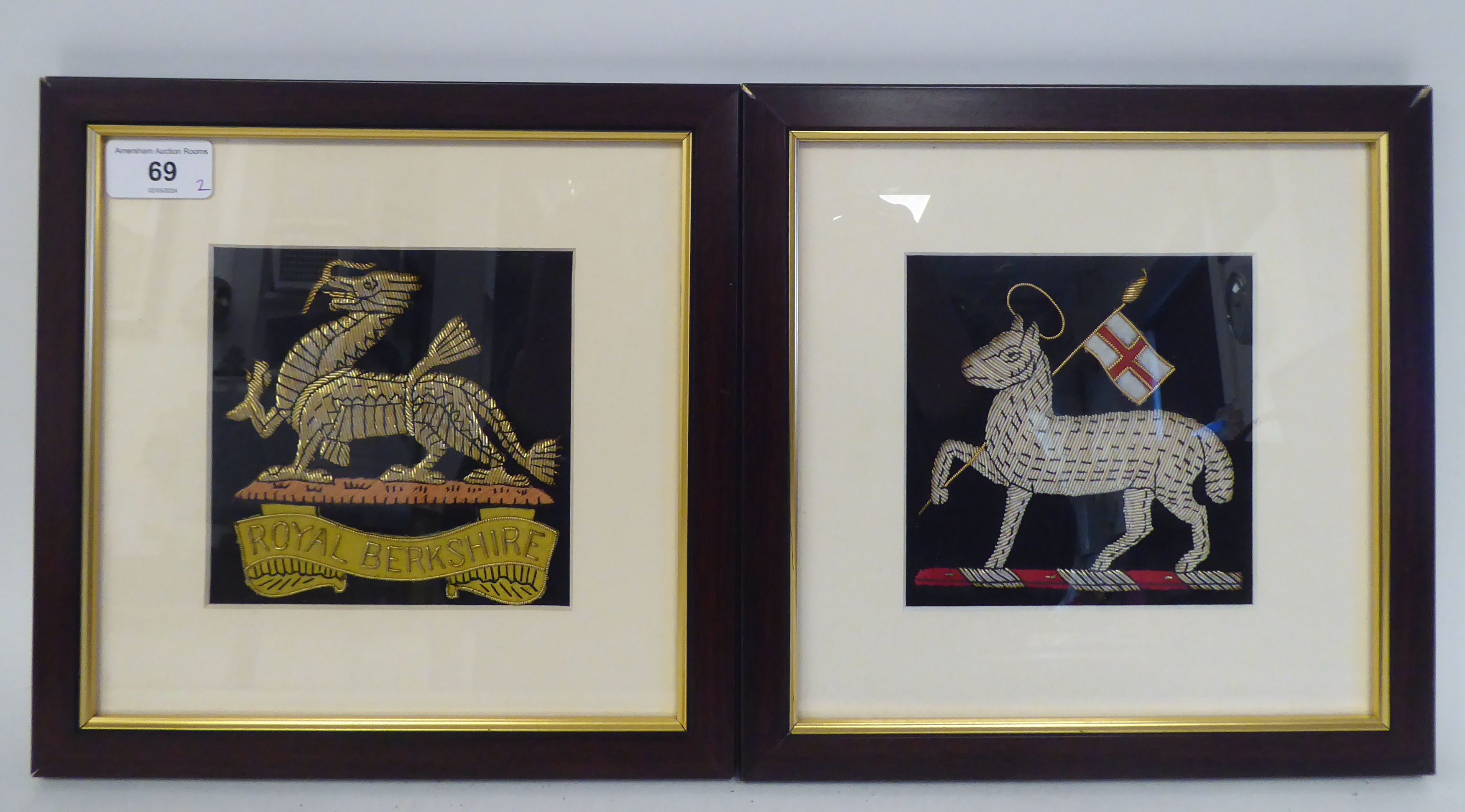 A Queen's Regiment and a Royal Berkshire Regiment embroidered, gold and silver coloured metal wire