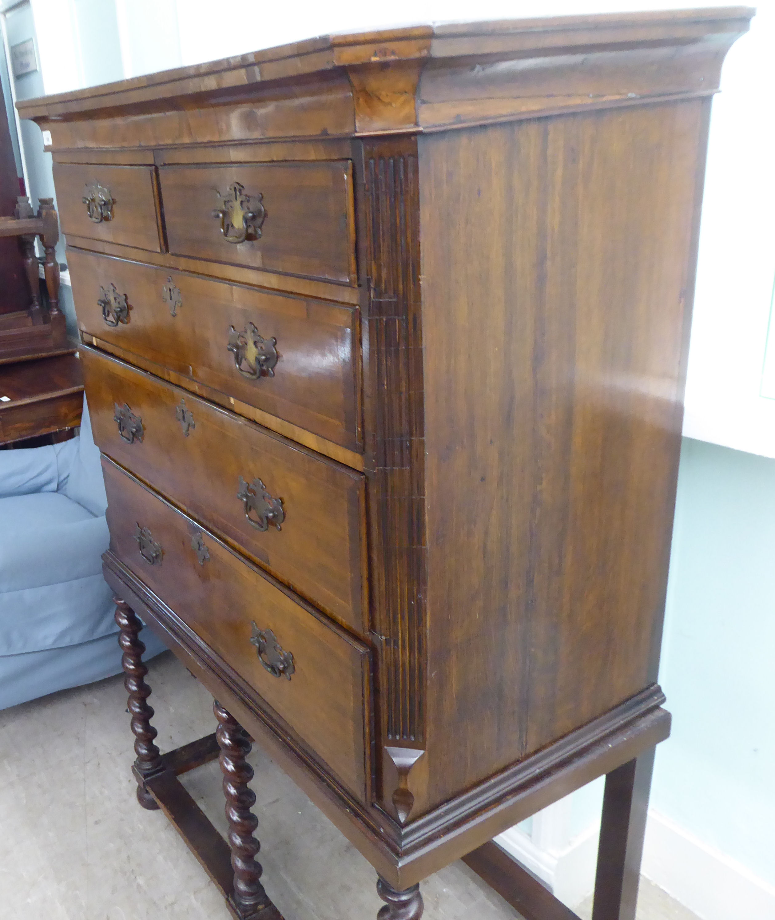 A 19thC and later mahogany chest on stand, comprising two short/three long drawers, between canted - Image 3 of 6