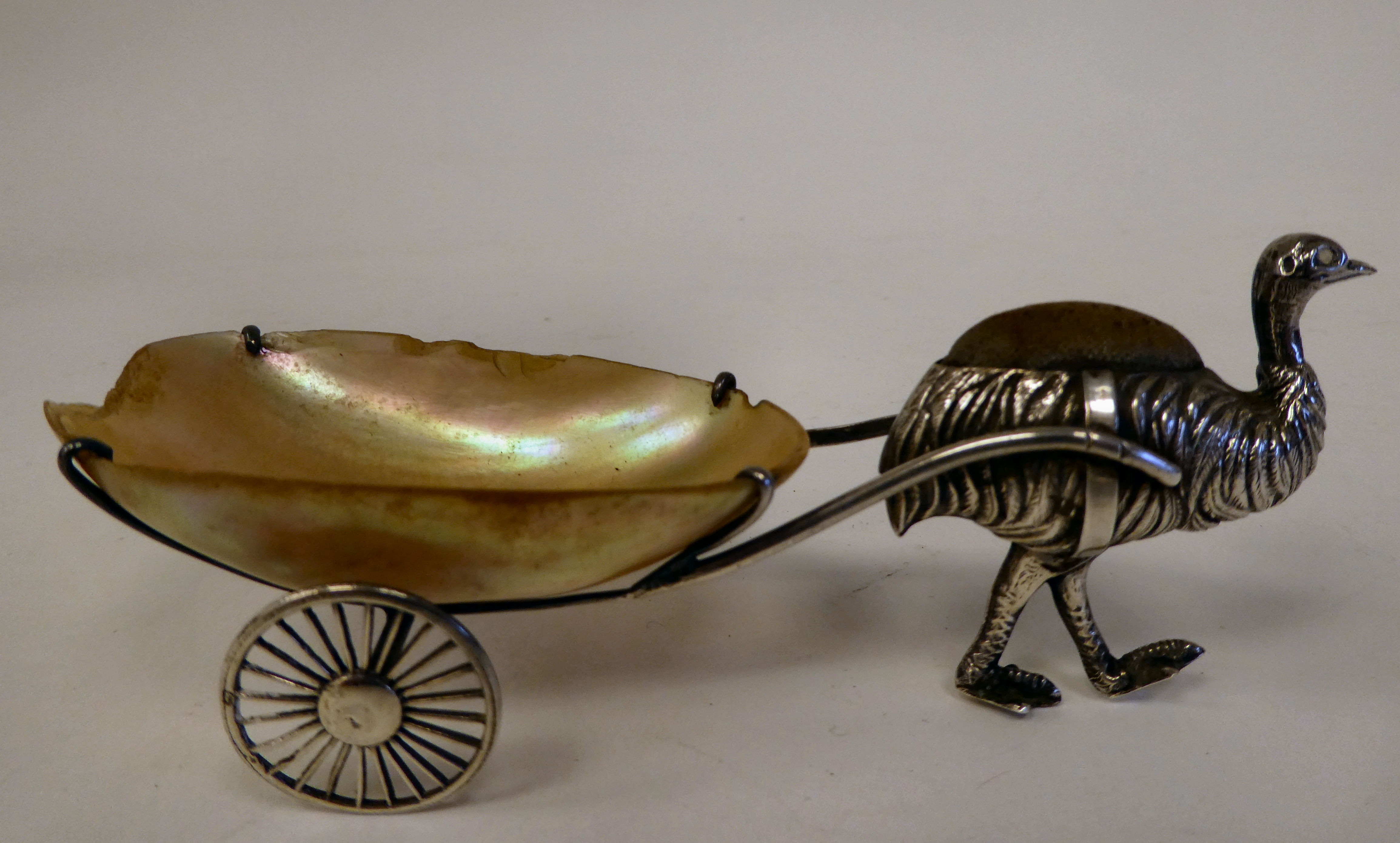 An Edwardian novelty silver pin cushion, fashioned as an ostrich pulling a two wheeled seashell  S & - Image 3 of 4