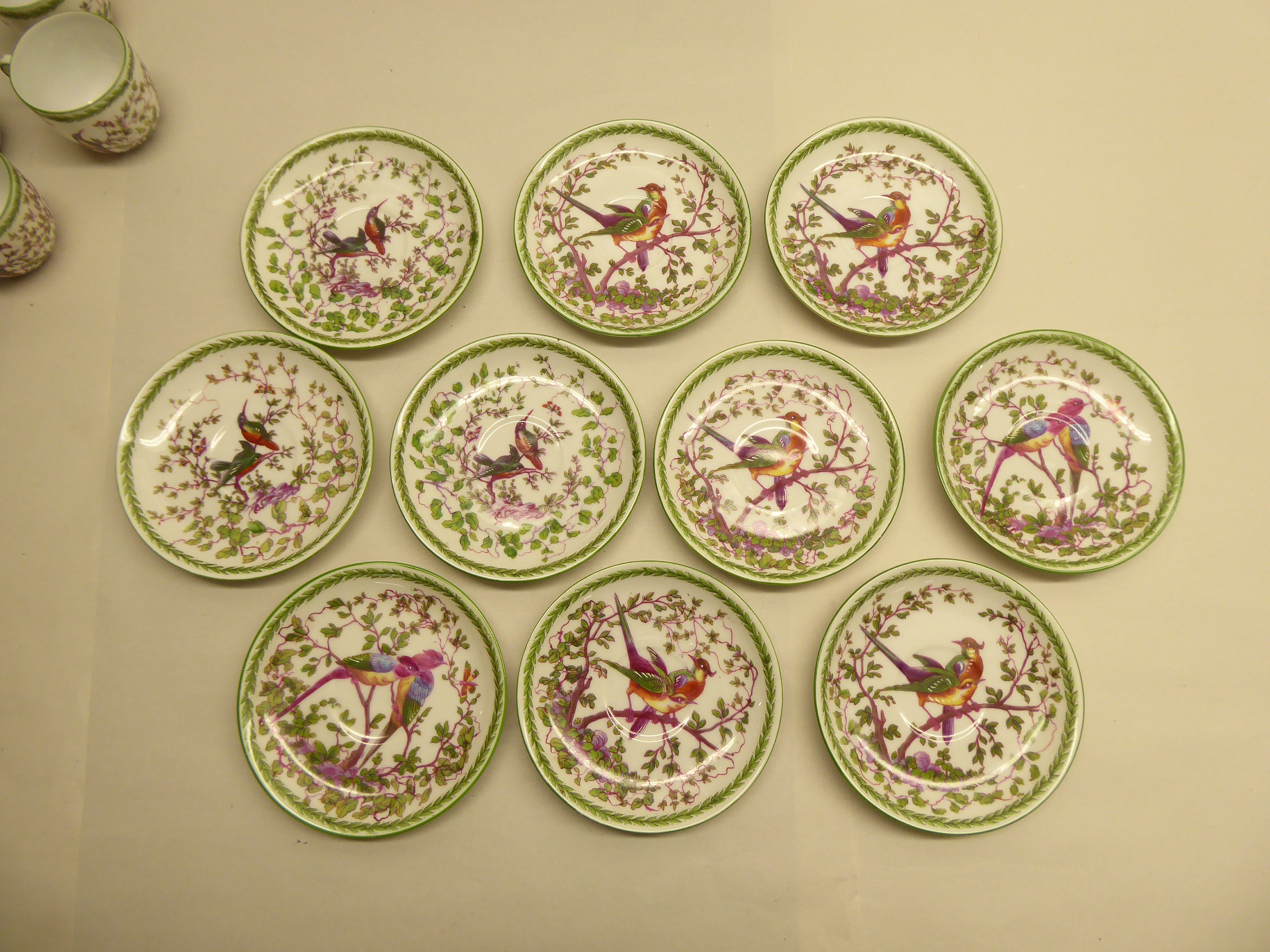 English china, decorated with birds and foliage  comprising a tea and coffee pot with ten cups and - Image 3 of 6