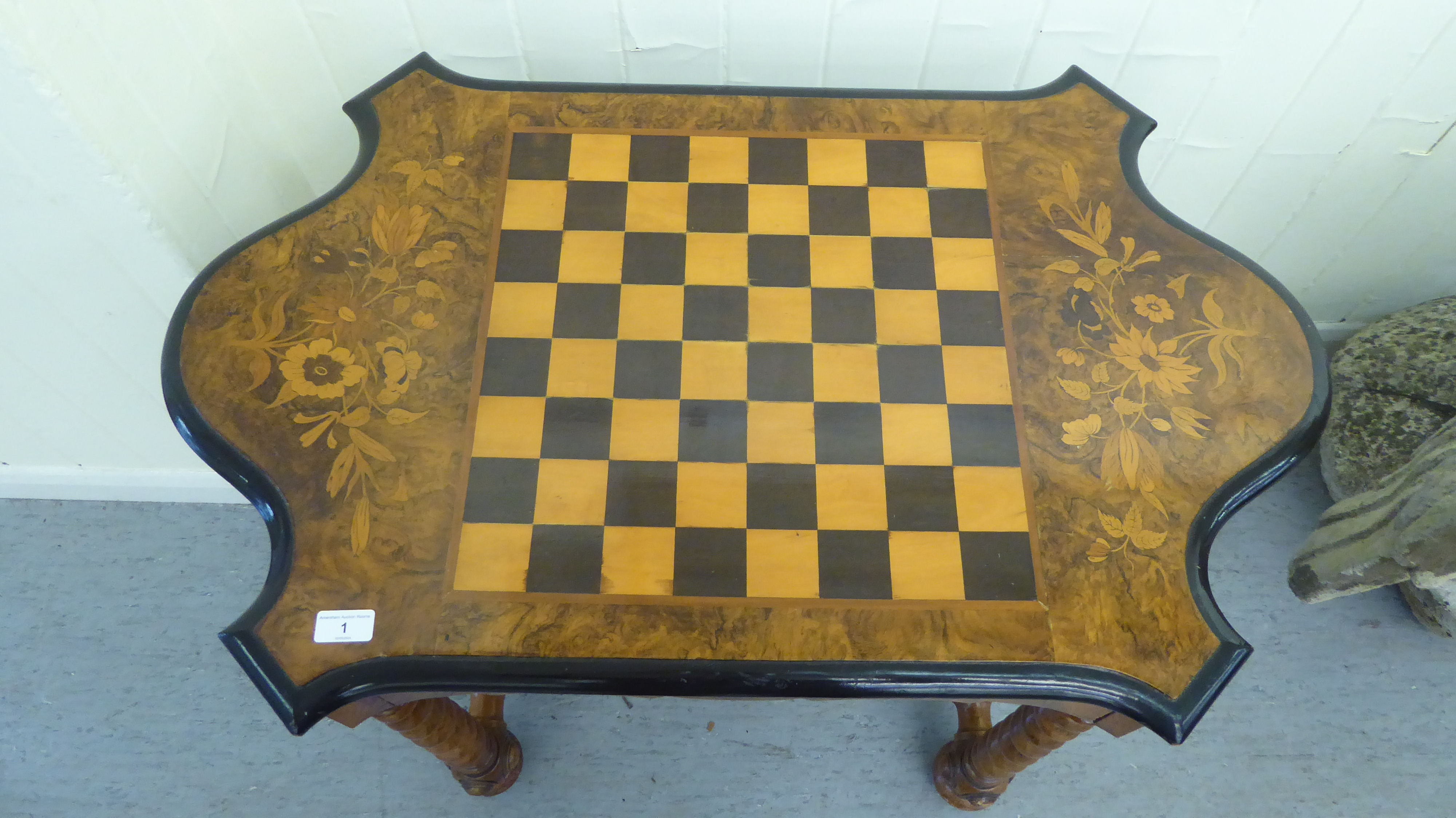 A late 19thC Continental figured walnut and floral marquetry games table with a serpentine - Image 2 of 12