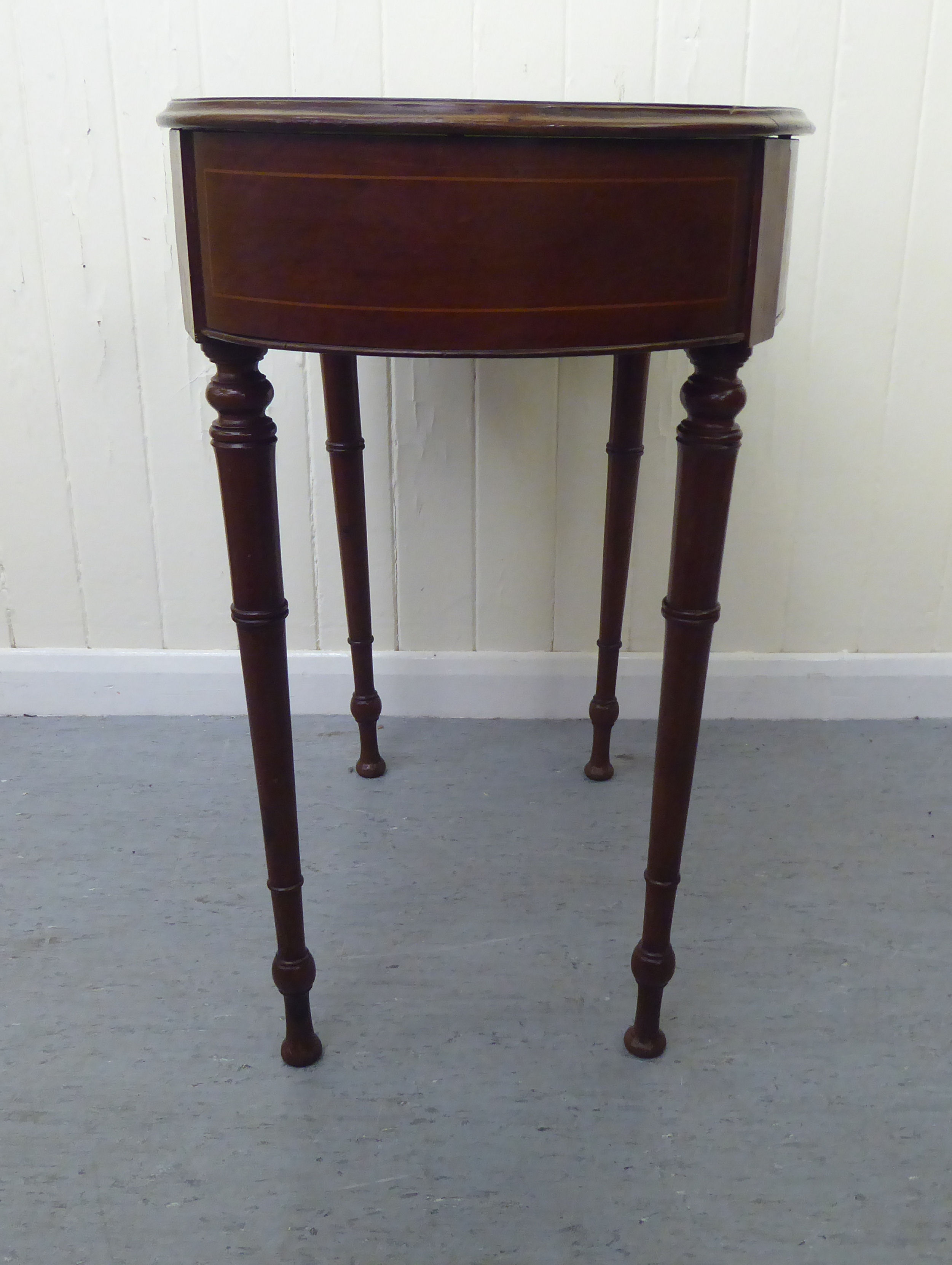 An Edwardian satinwood inlaid mahogany, kidney shaped display table with a hinged lid, over two - Image 5 of 6