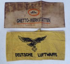 A German World War II era Luftwaffe printed armband; and another, embroidered Ghetto-Werkstatten (