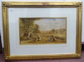 Donomi Warren - haymaking with a young woman and two girls in the foreground  watercolour  bears a