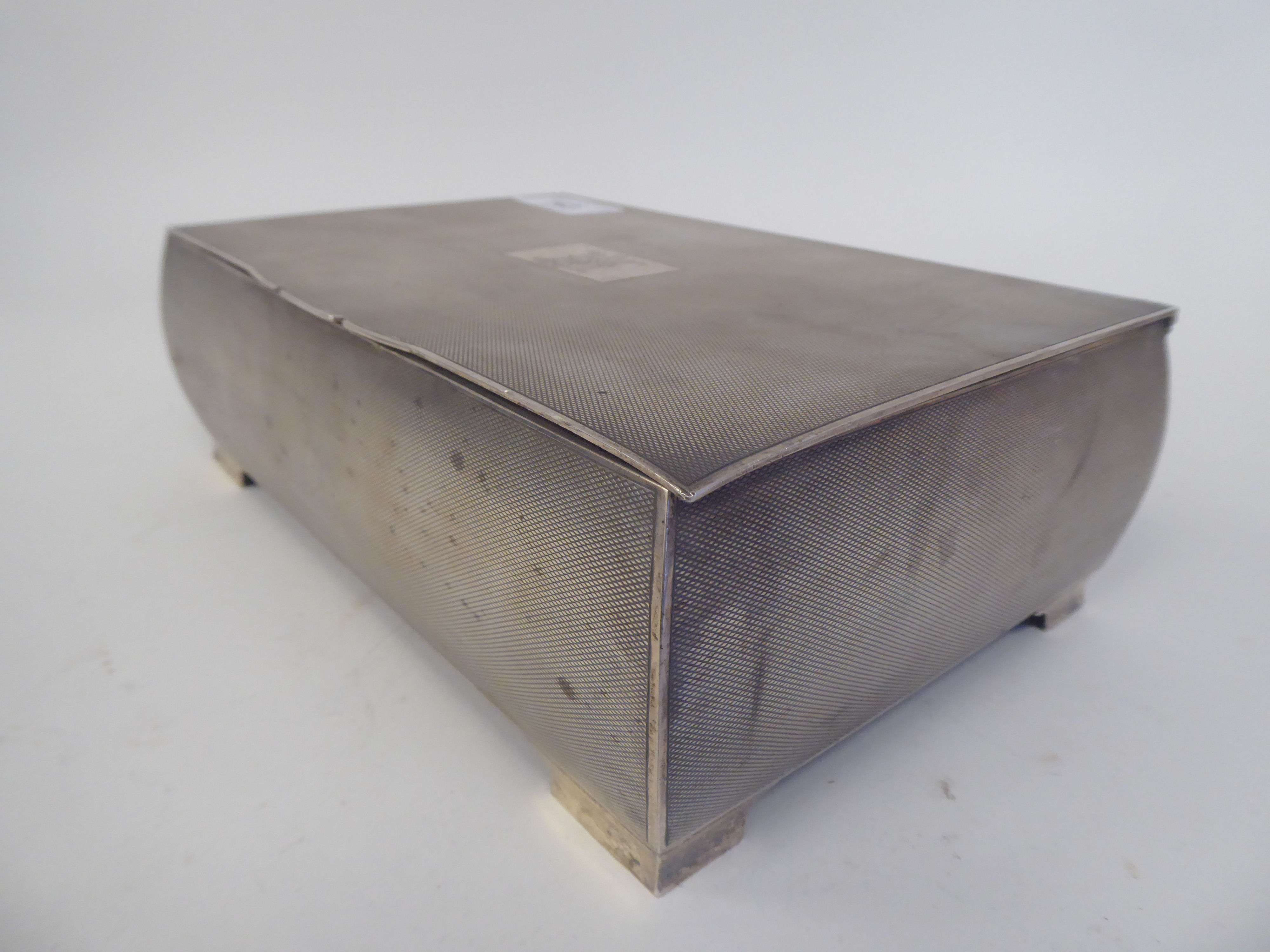 A silver cigarette box with allover engine turned decoration, the hinged lid enclosing a maple lined - Image 3 of 5