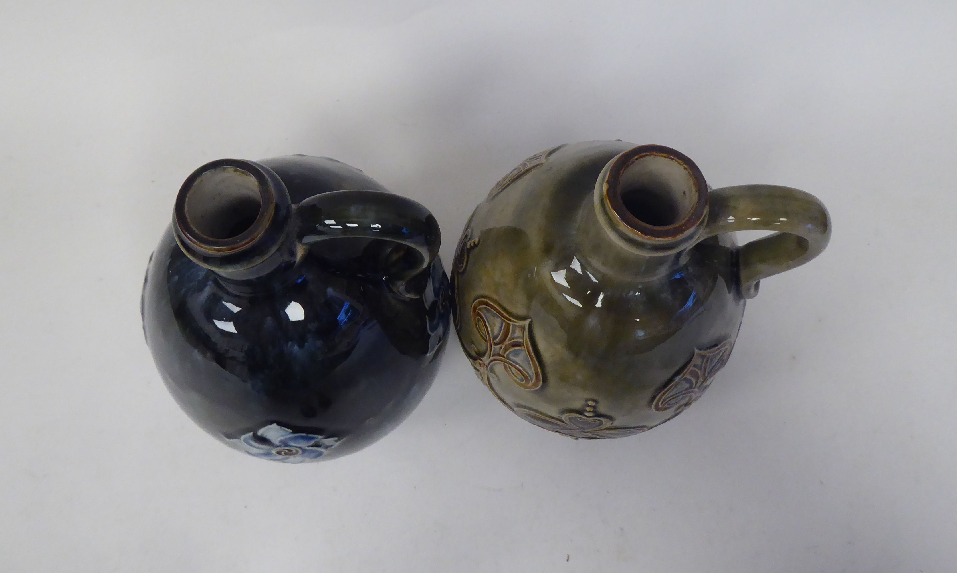 Two similar Royal Doulton stoneware ovoid shape liqueur decanters with strap handles, decorated in - Image 6 of 7