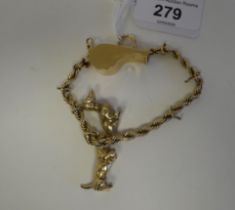 A 14ct gold charm bracelet, featuring two pendant dachshunds and a whistle, on a ring bolt clasp