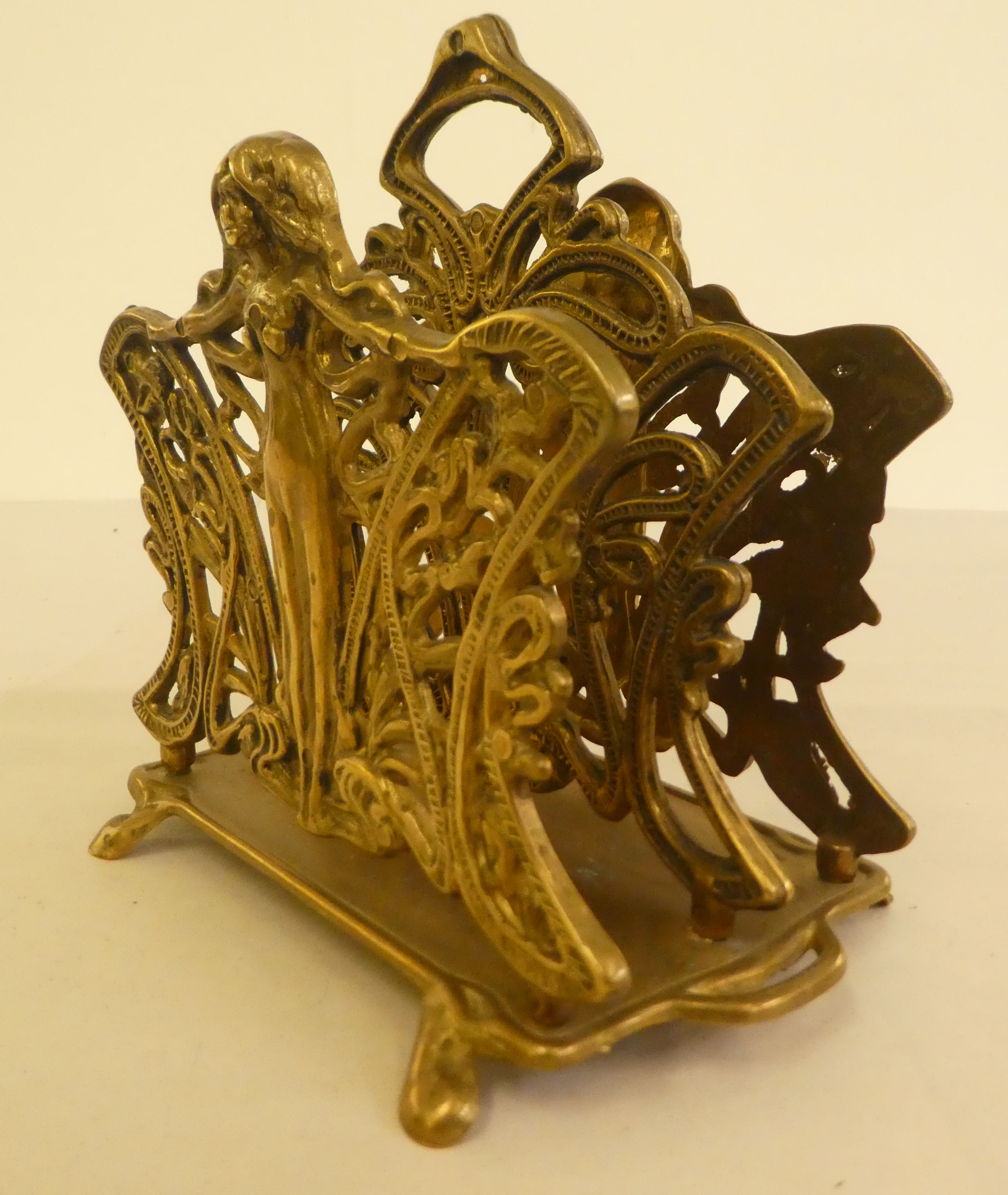 An Art Nouveau lacquered brass, two section letter rack, decorated with a woman  6.5"h - Image 2 of 3