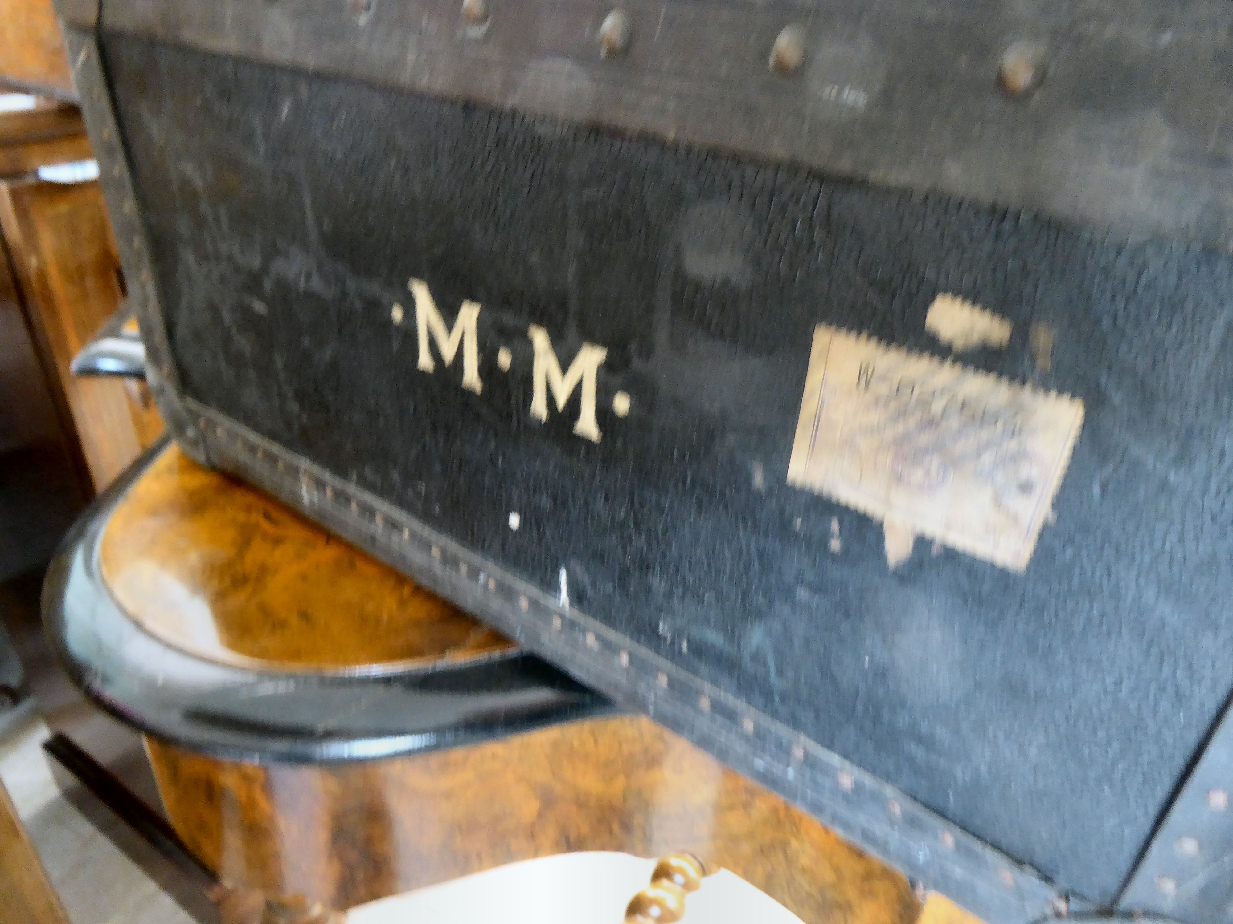 An early 20thC moulded/press composition travelling trunk with a hinged lid, bearing various - Image 7 of 9