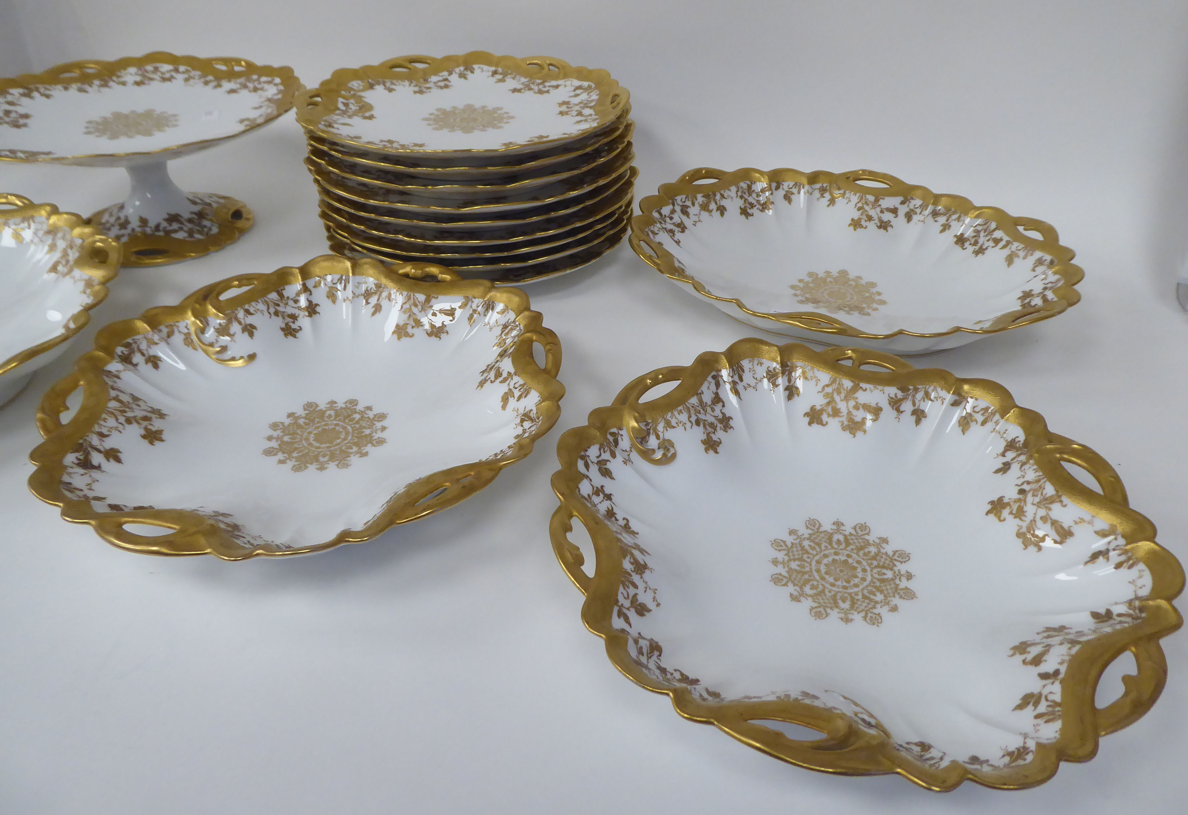 A late 19th/early 20thC Haviland porcelain dessert service, made by HG Stephenson, decorated with - Image 3 of 5