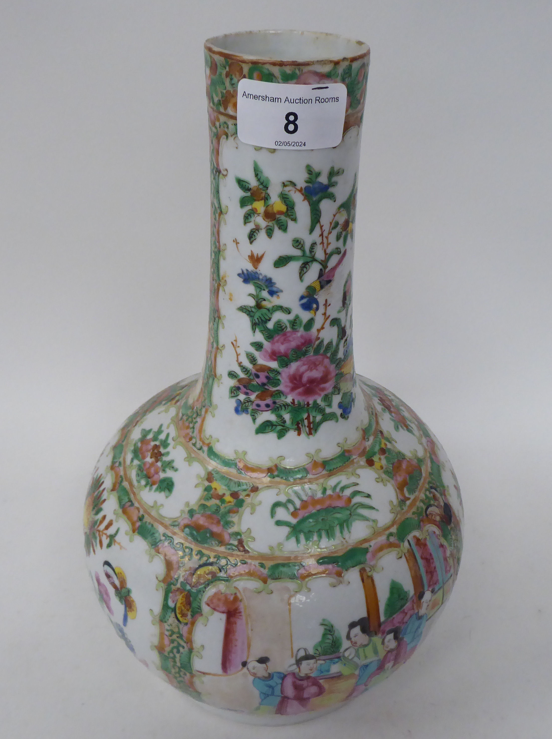 A late 19thC Chinese Canton porcelain bulbous bottle vase with a long, narrow and tapered neck, - Image 2 of 7