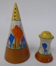 A Clarice Cliff Bizarre, Newport Pottery, Crocus pattern, conical shape sugar sifter; and a
