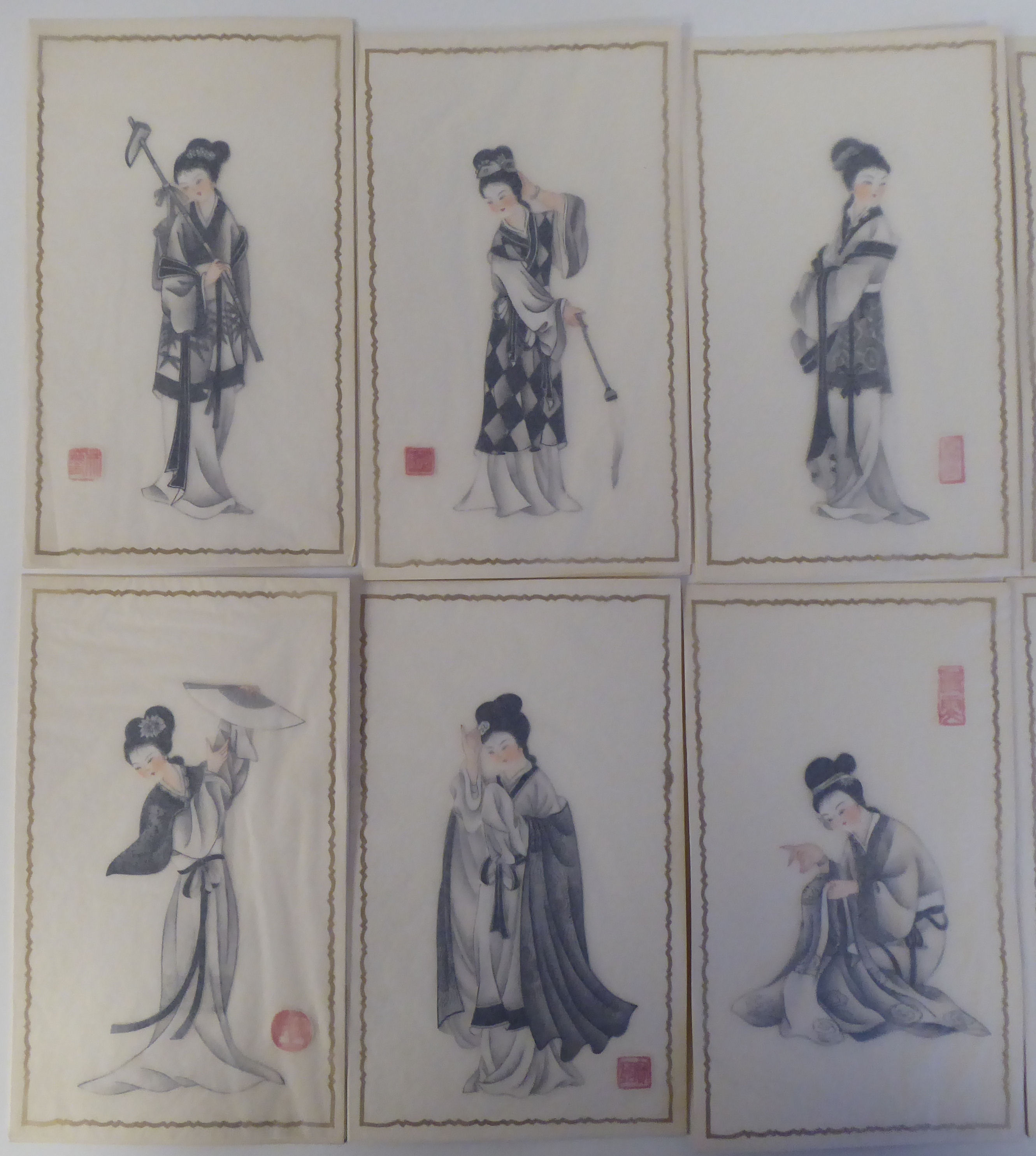 A series of twelve 20thC Chinese figure studies - young women, displaying fashionable costumes - Image 3 of 6