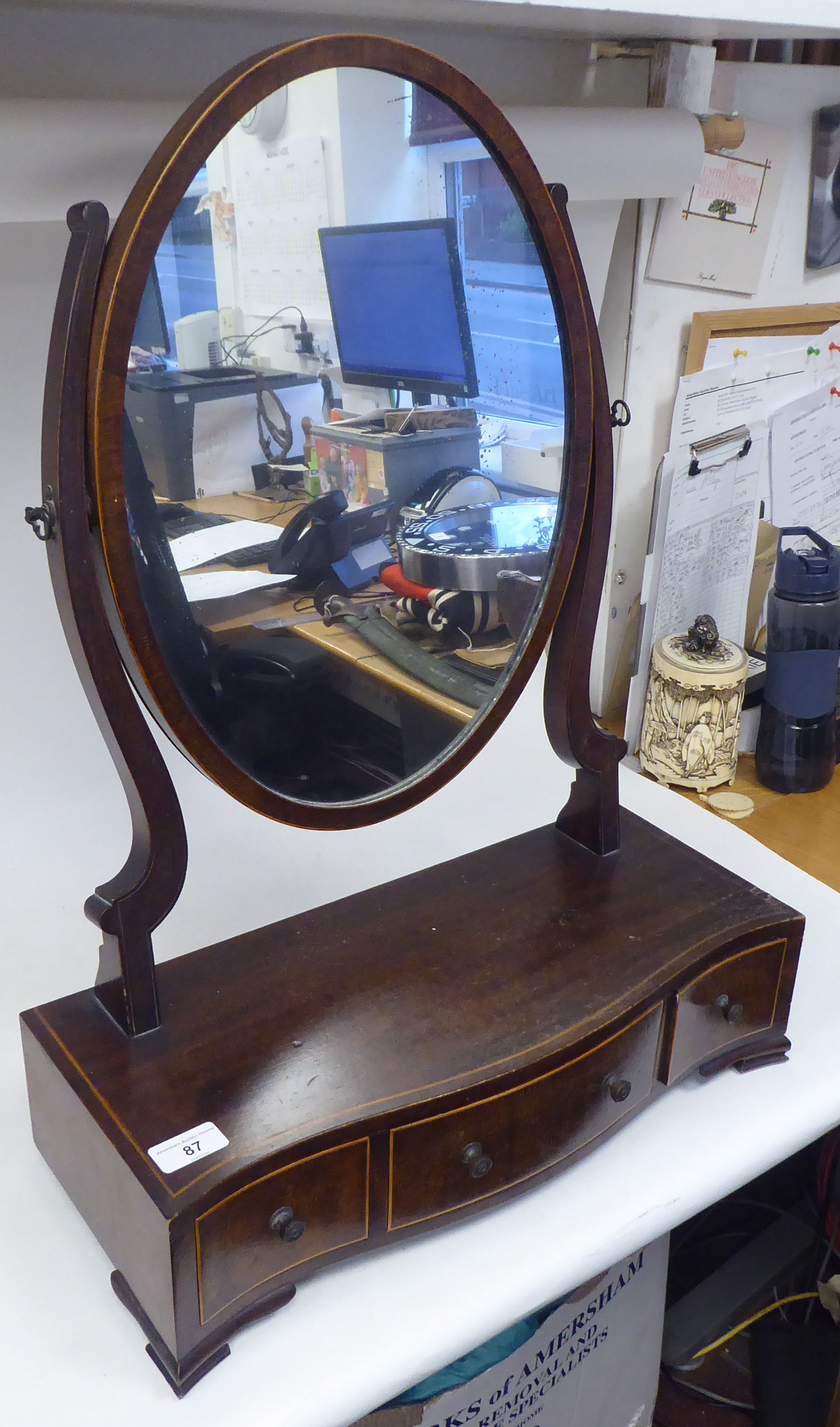 An Edwardian satinwood string inlaid mahogany toilet mirror, the oval plate pivoting on shaped - Image 2 of 4