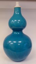 A Burmantofts Faience art pottery, turquoise glazed, double gourd shape table lamp, decorated with