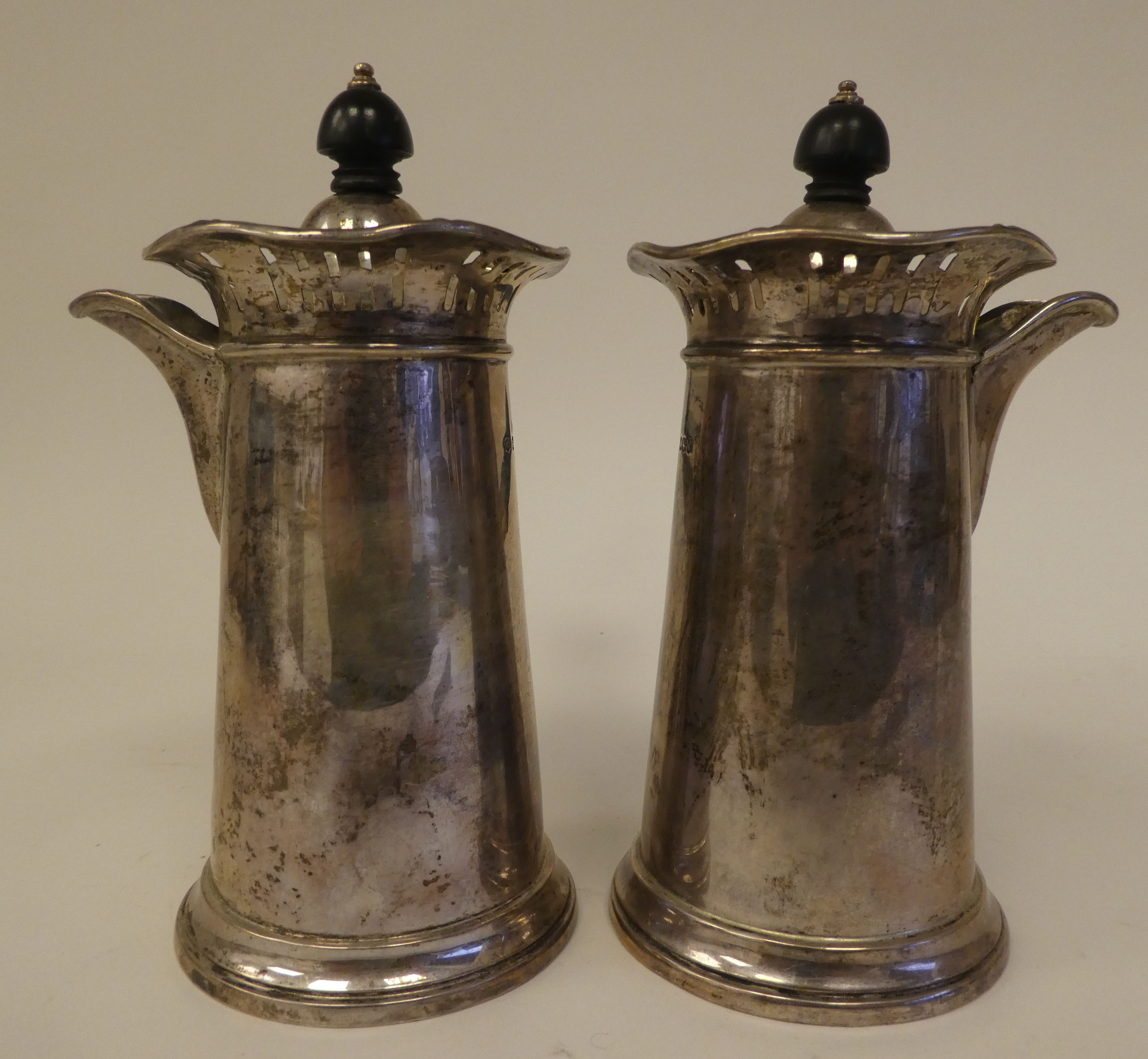 A pair of silver chocolate pots of tapered, cylindrical form with decoratively pierced and flared - Image 3 of 6
