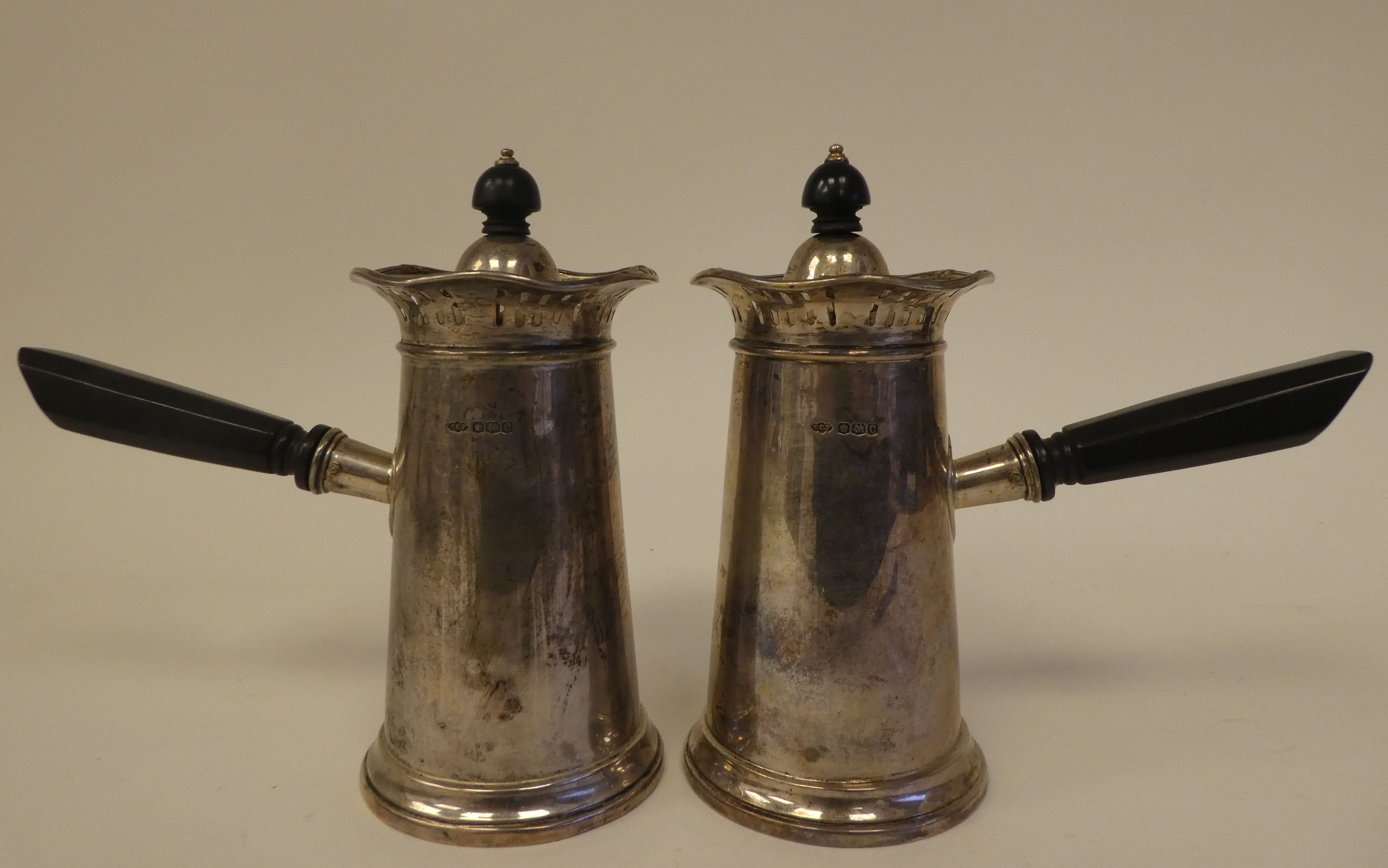 A pair of silver chocolate pots of tapered, cylindrical form with decoratively pierced and flared - Image 4 of 6