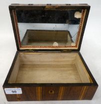 A mid 19thC casket, decorated in a variety of veneers with rivetted, angled metal reinforcement,