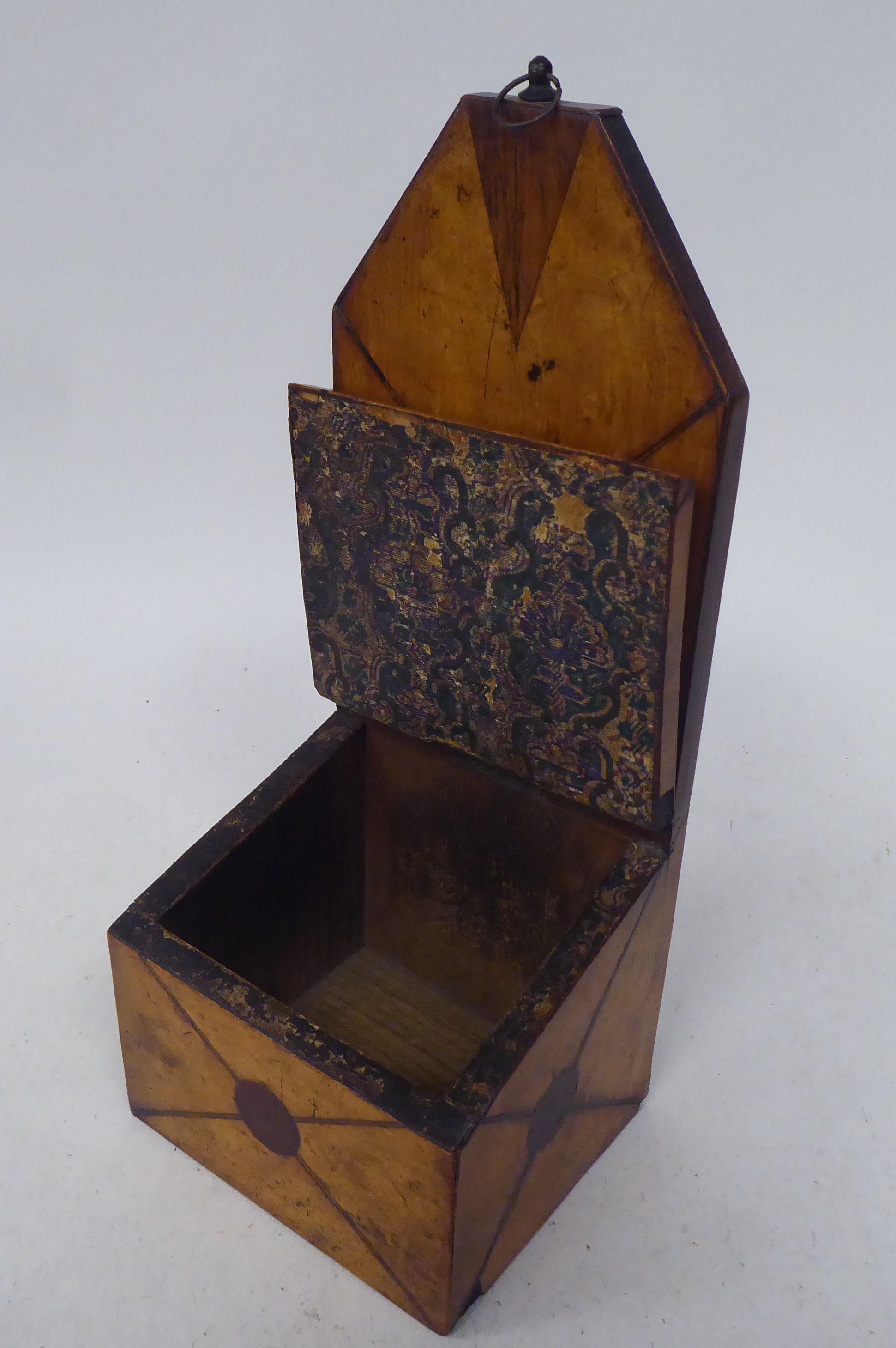 An early 19thC treen satinwood wall hanging salt box with an extended backplate, over an angled - Image 2 of 3