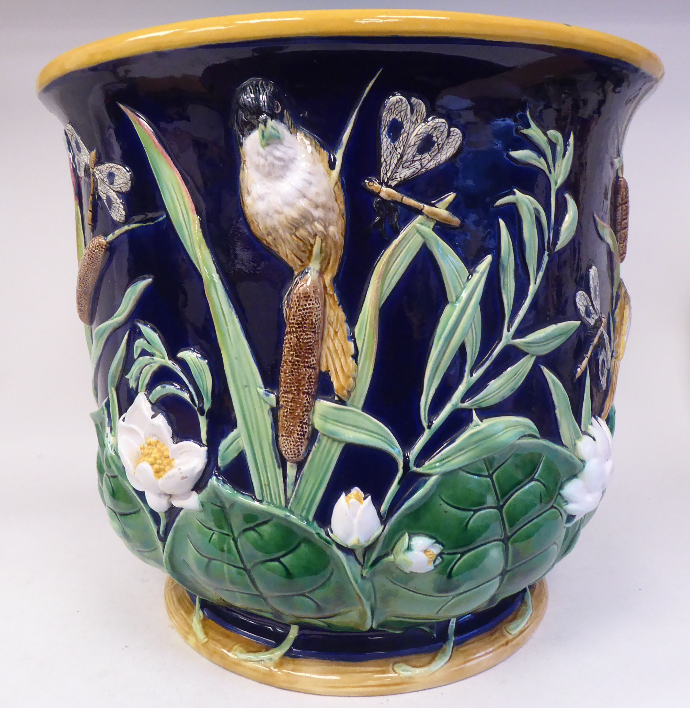 A late 19thC George Jones majolica, bell design jardinière, extravagantly moulded with small birds - Image 5 of 8