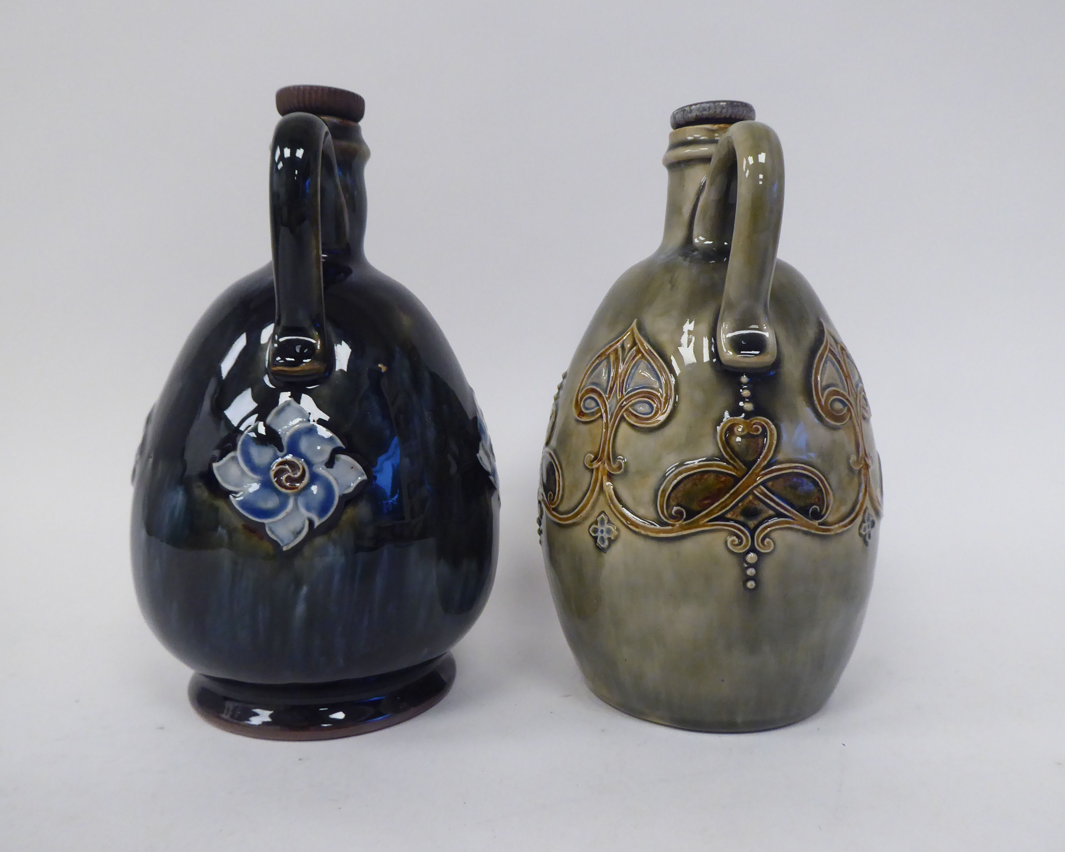 Two similar Royal Doulton stoneware ovoid shape liqueur decanters with strap handles, decorated in - Image 4 of 7