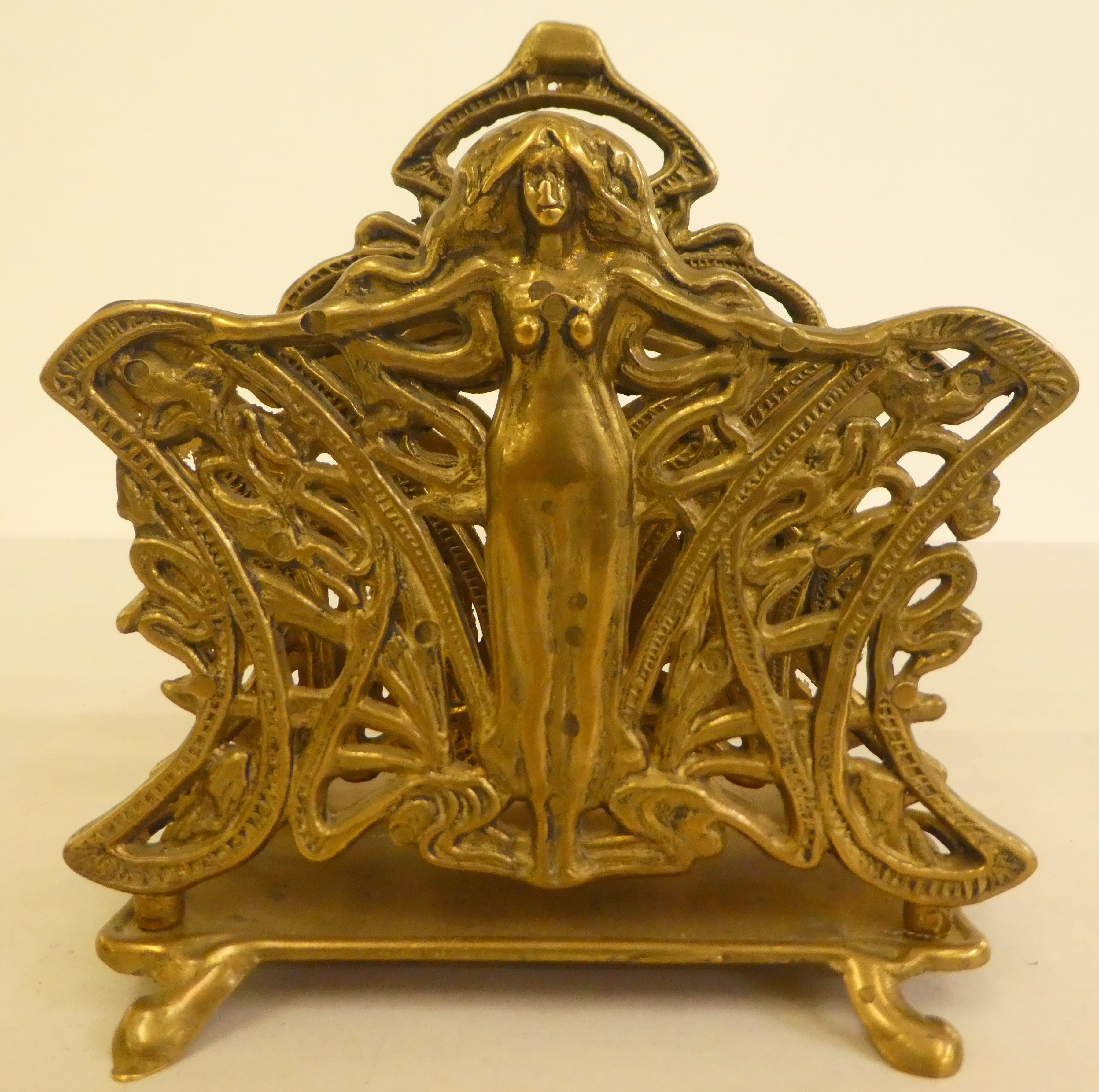An Art Nouveau lacquered brass, two section letter rack, decorated with a woman  6.5"h - Image 3 of 3