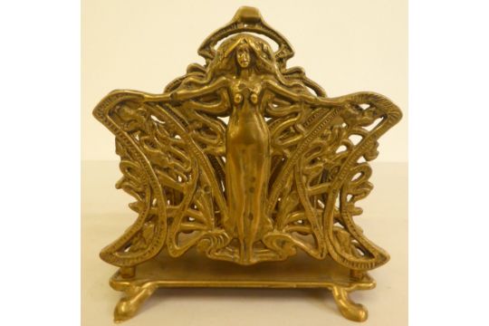 An Art Nouveau lacquered brass, two section letter rack, decorated with a woman  6.5"h - Image 3 of 3