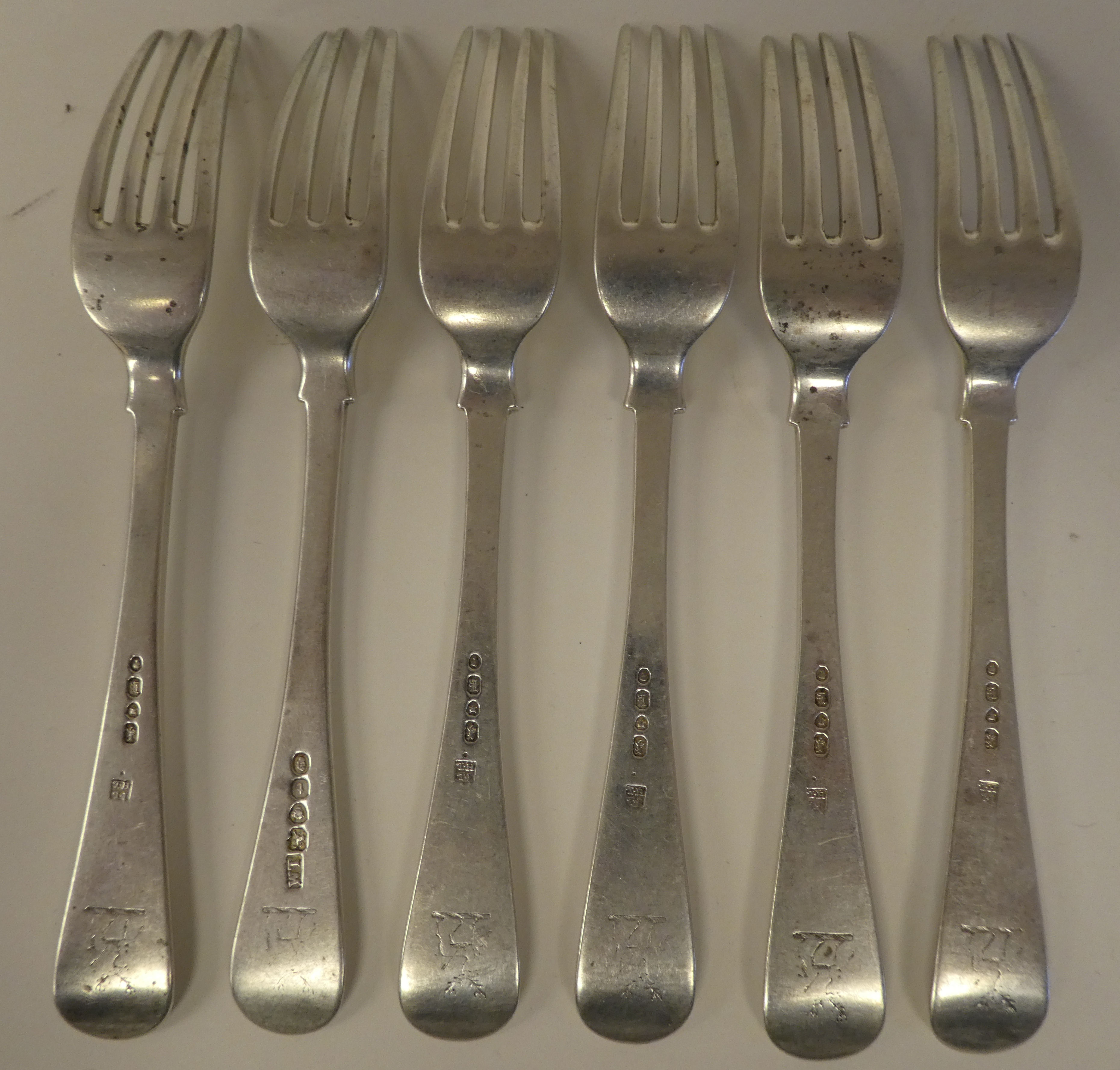 A set of six early Victorian silver Old English pattern dessert forks  mixed marks  (approx. - Image 2 of 3