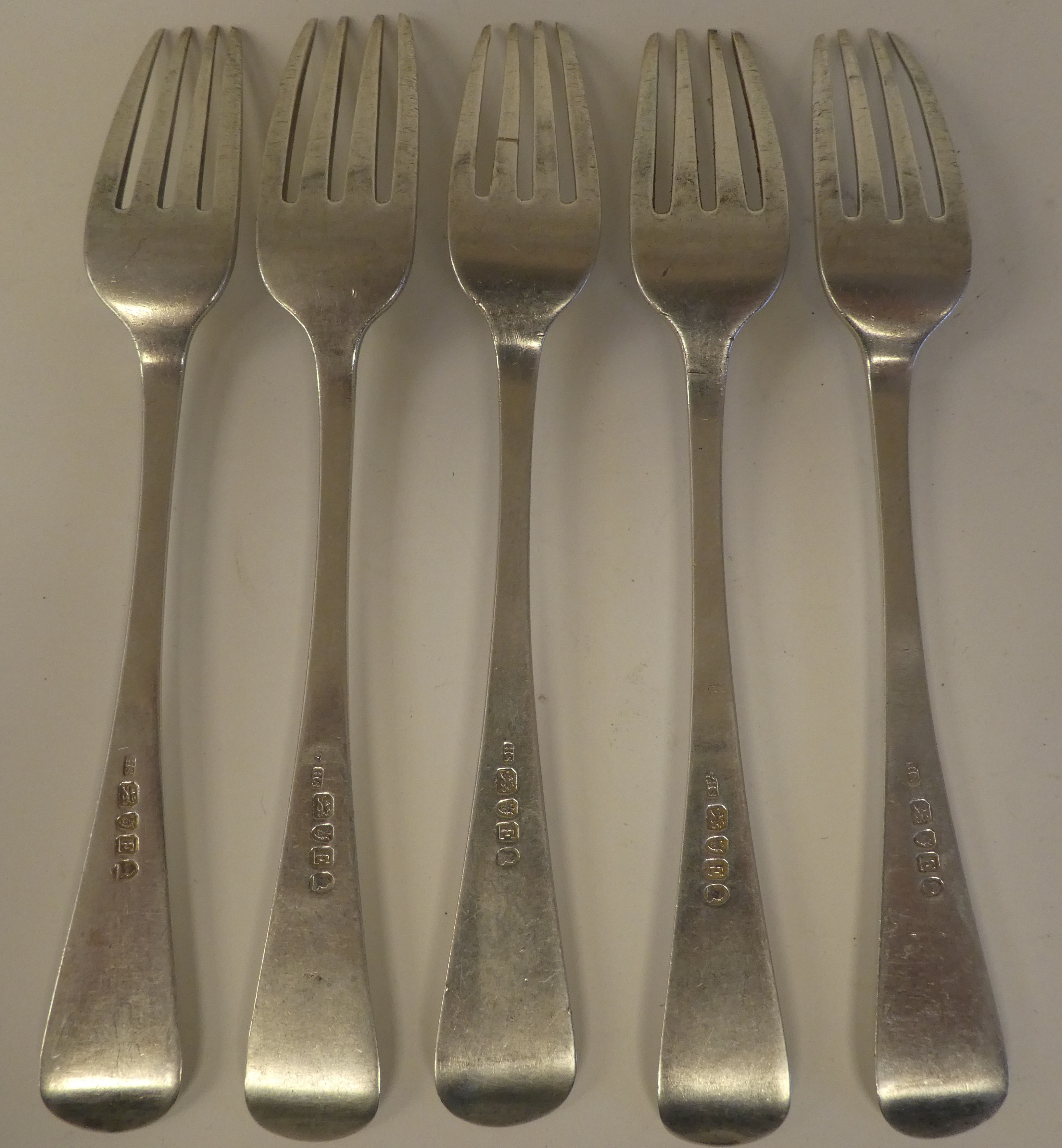 A set of five George III silver Old English pattern table forks  HS  London 1800  (approx. - Image 2 of 3