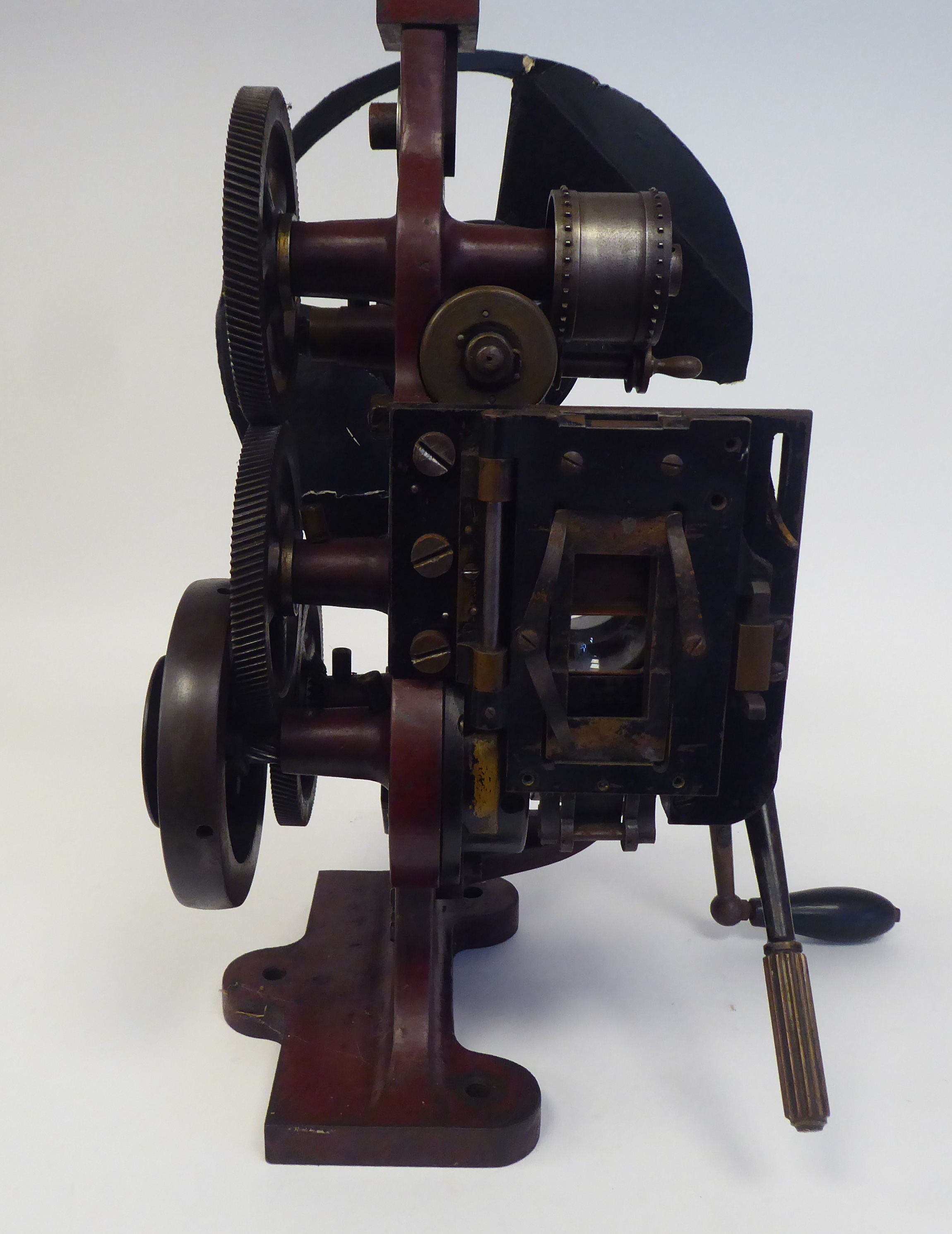 A Pathe Freres, Paris, circa 1906 maroon painted iron, hand crank projector  No.4582, on a plinth - Image 6 of 6