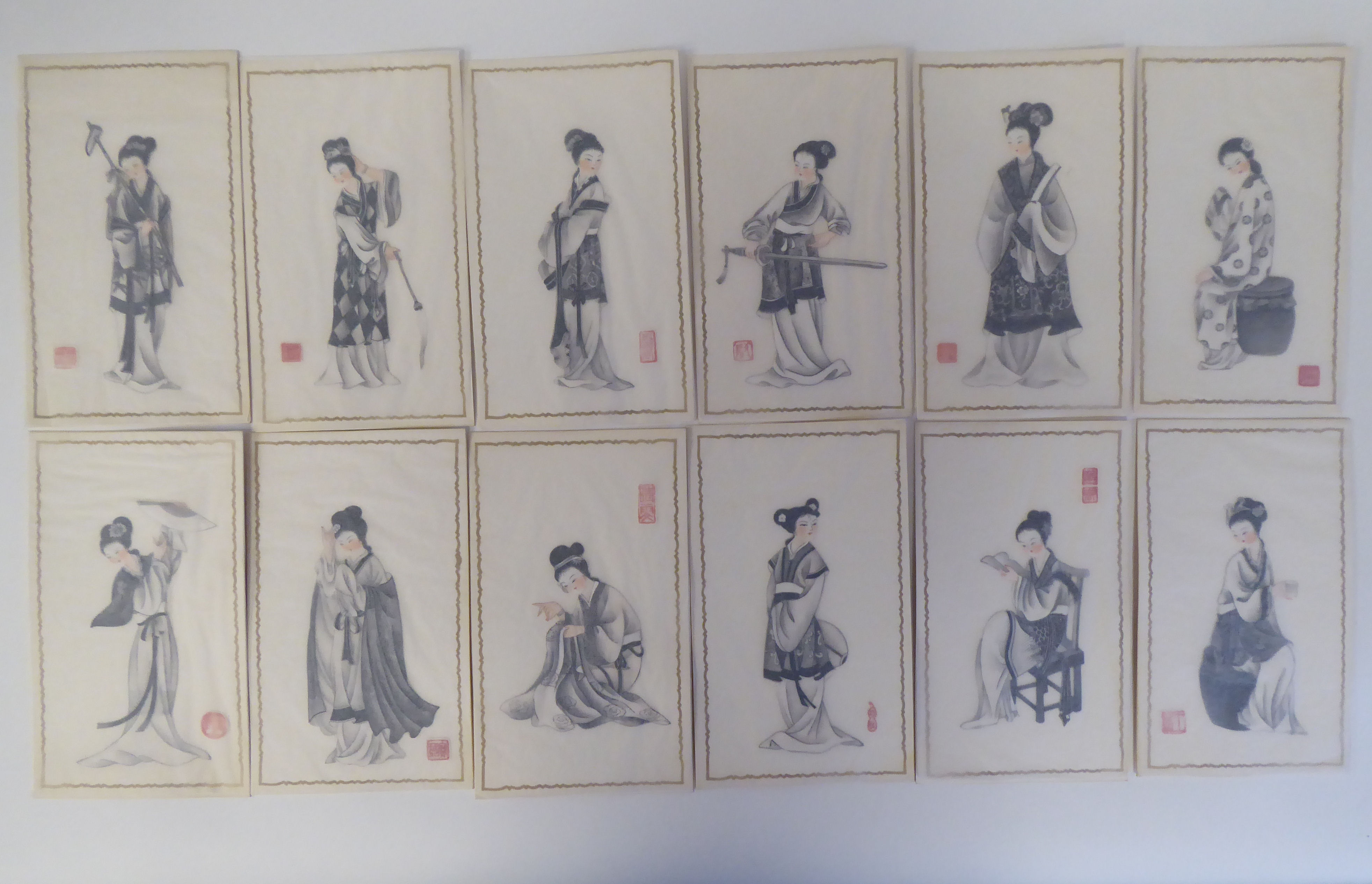 A series of twelve 20thC Chinese figure studies - young women, displaying fashionable costumes - Image 2 of 6