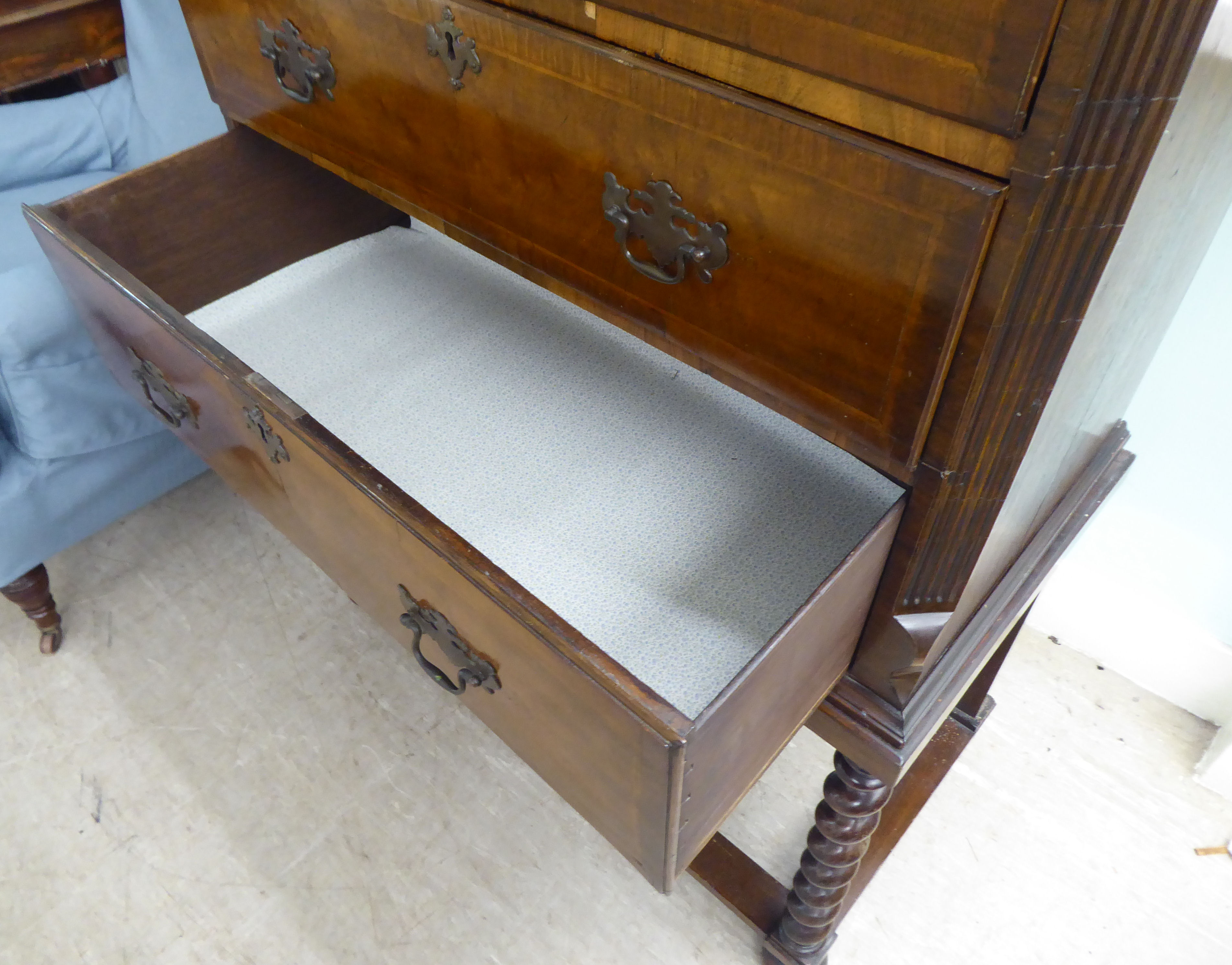 A 19thC and later mahogany chest on stand, comprising two short/three long drawers, between canted - Image 4 of 6