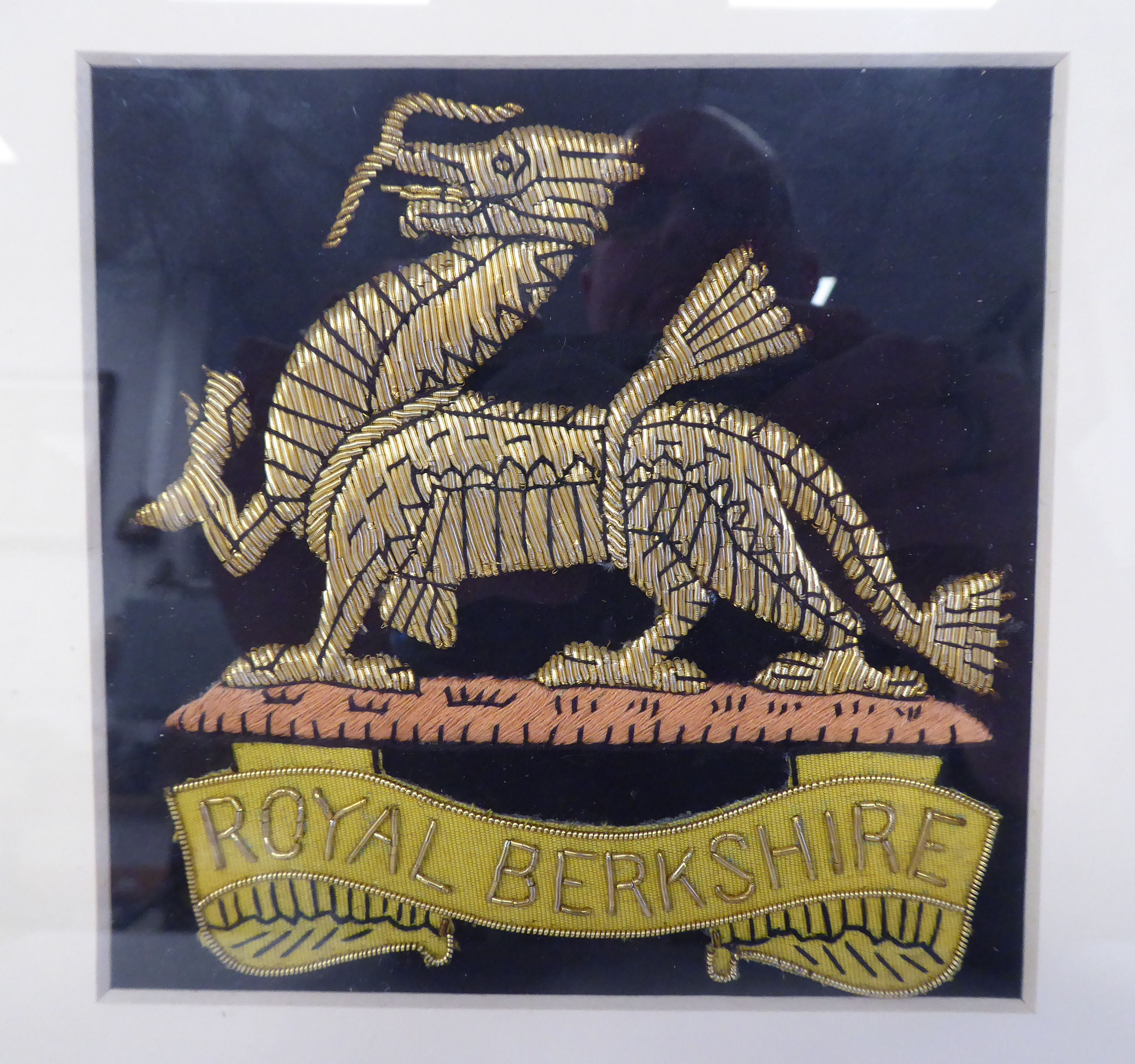 A Queen's Regiment and a Royal Berkshire Regiment embroidered, gold and silver coloured metal wire - Image 2 of 3