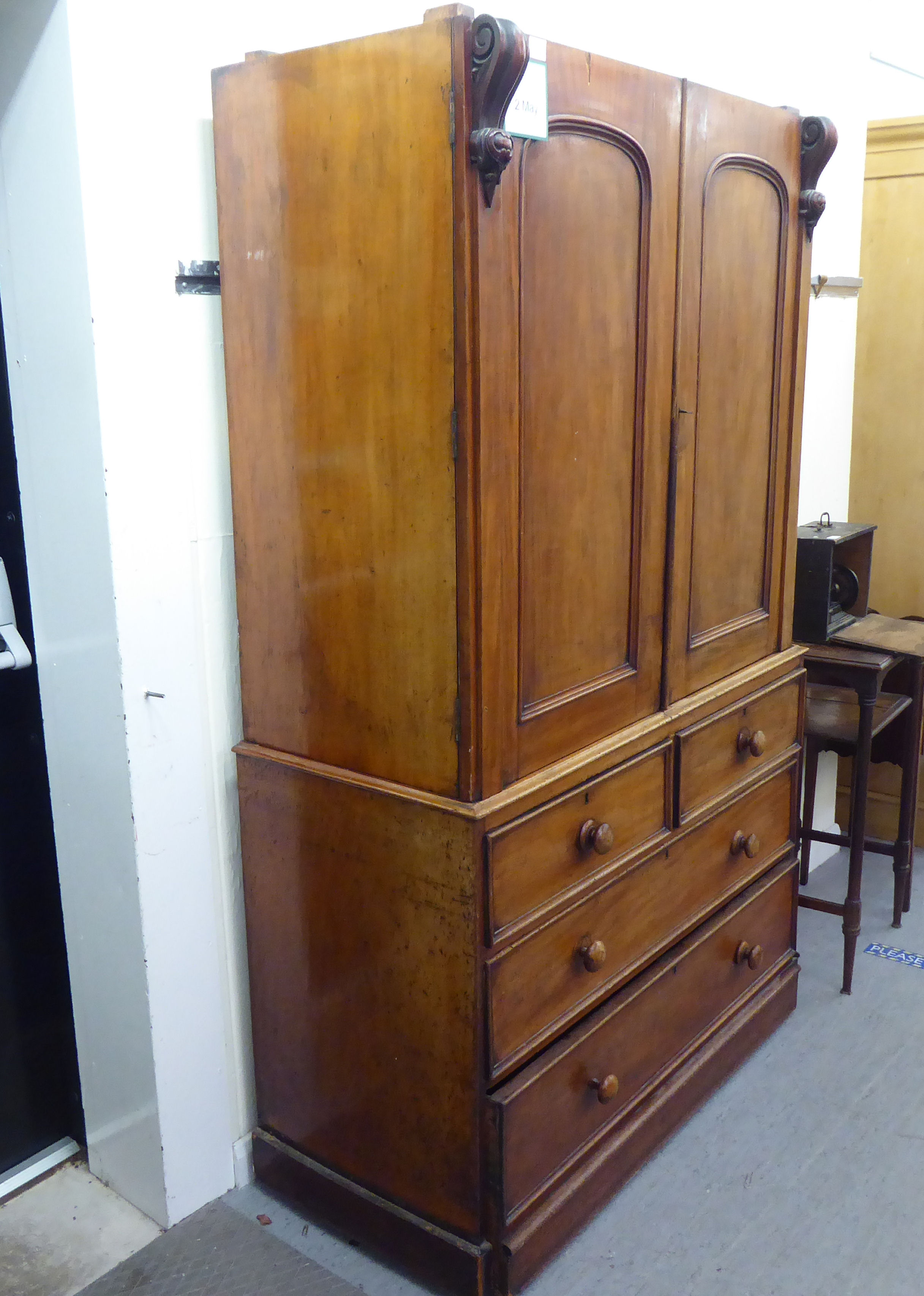 A mid Victorian mahogany linen press (cornice missing) with a pair of doors, enclosing four drawers, - Image 5 of 5