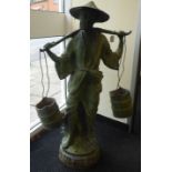 A 20thC cast and patinated green bronze standing Asian artisan figure, a bearded man, carrying two