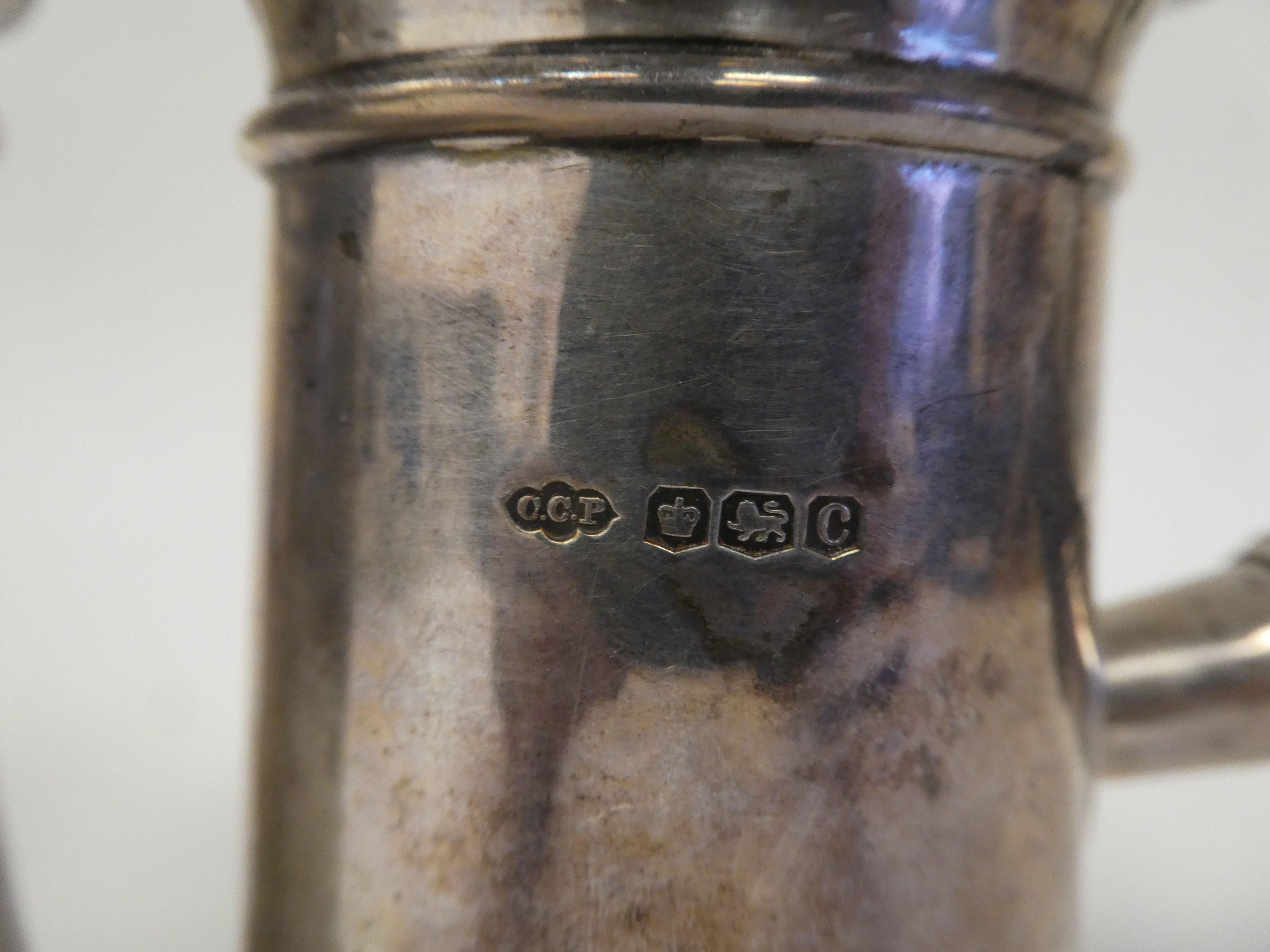 A pair of silver chocolate pots of tapered, cylindrical form with decoratively pierced and flared - Image 6 of 6