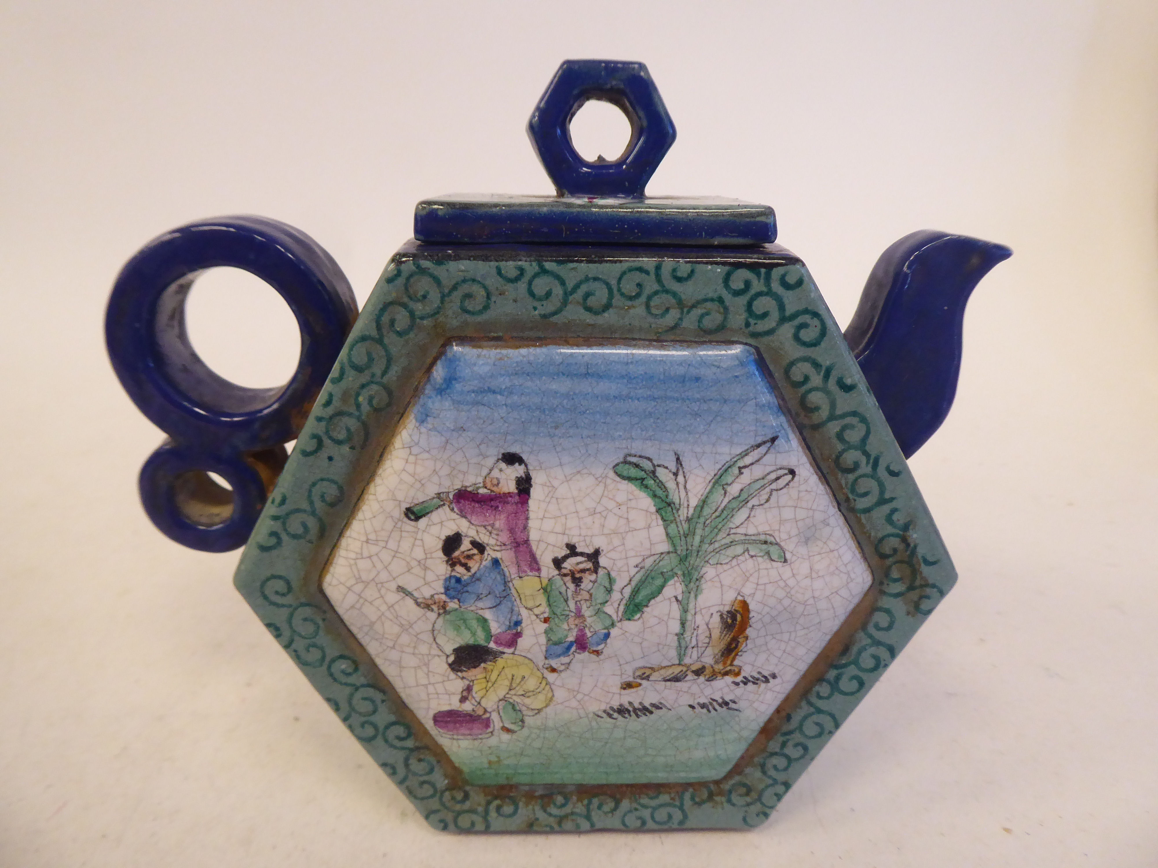 A Chinese Yixing porcelain teapot of hexagonal form with a stubby double ring handle, cover and - Image 3 of 4